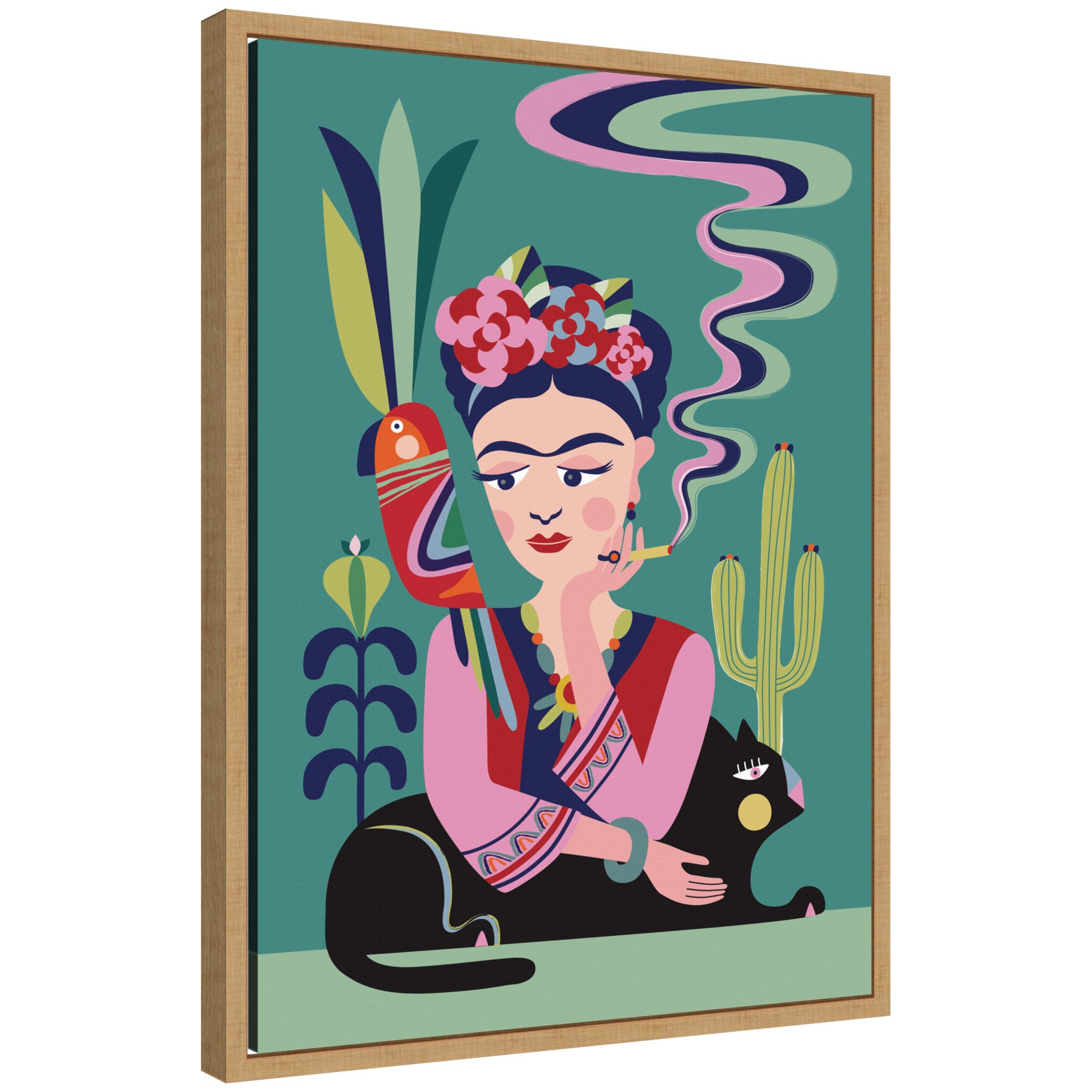 Sylvie Frida Kahlo and the Black Cat Framed Canvas by Rachel Lee