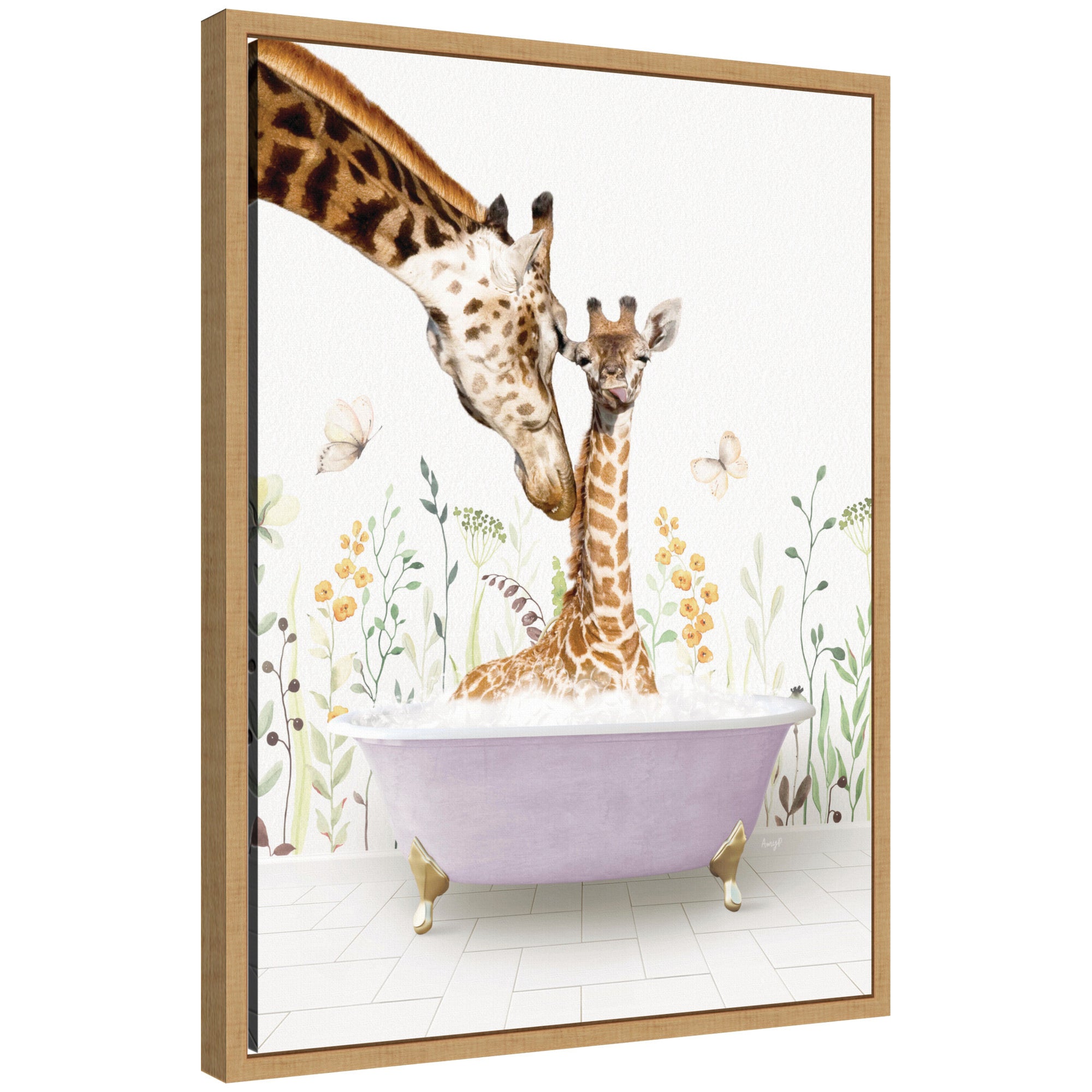 Sylvie Mother and Baby Giraffe in Spring Bathtub Framed Canvas by Amy Peterson