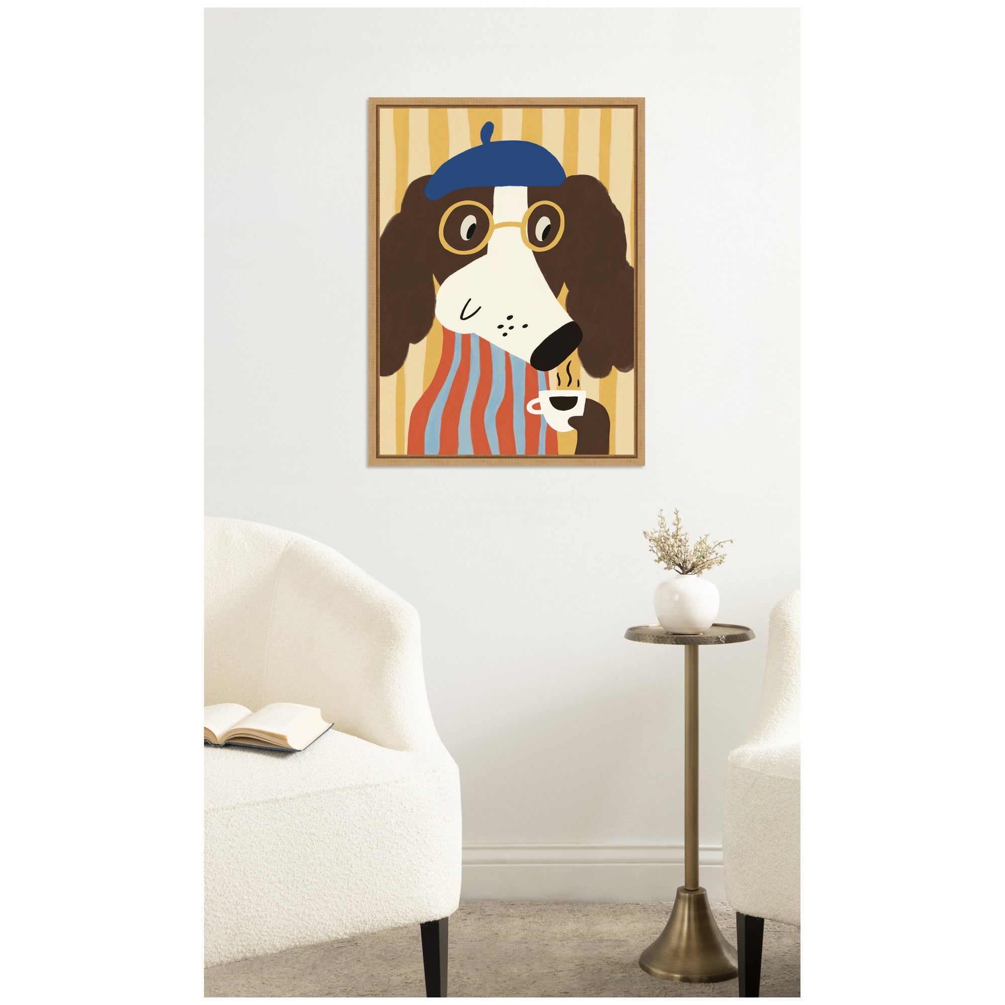 Dog with Cup of Coffee by Laura Moss Framed Canvas Wall Art Print
