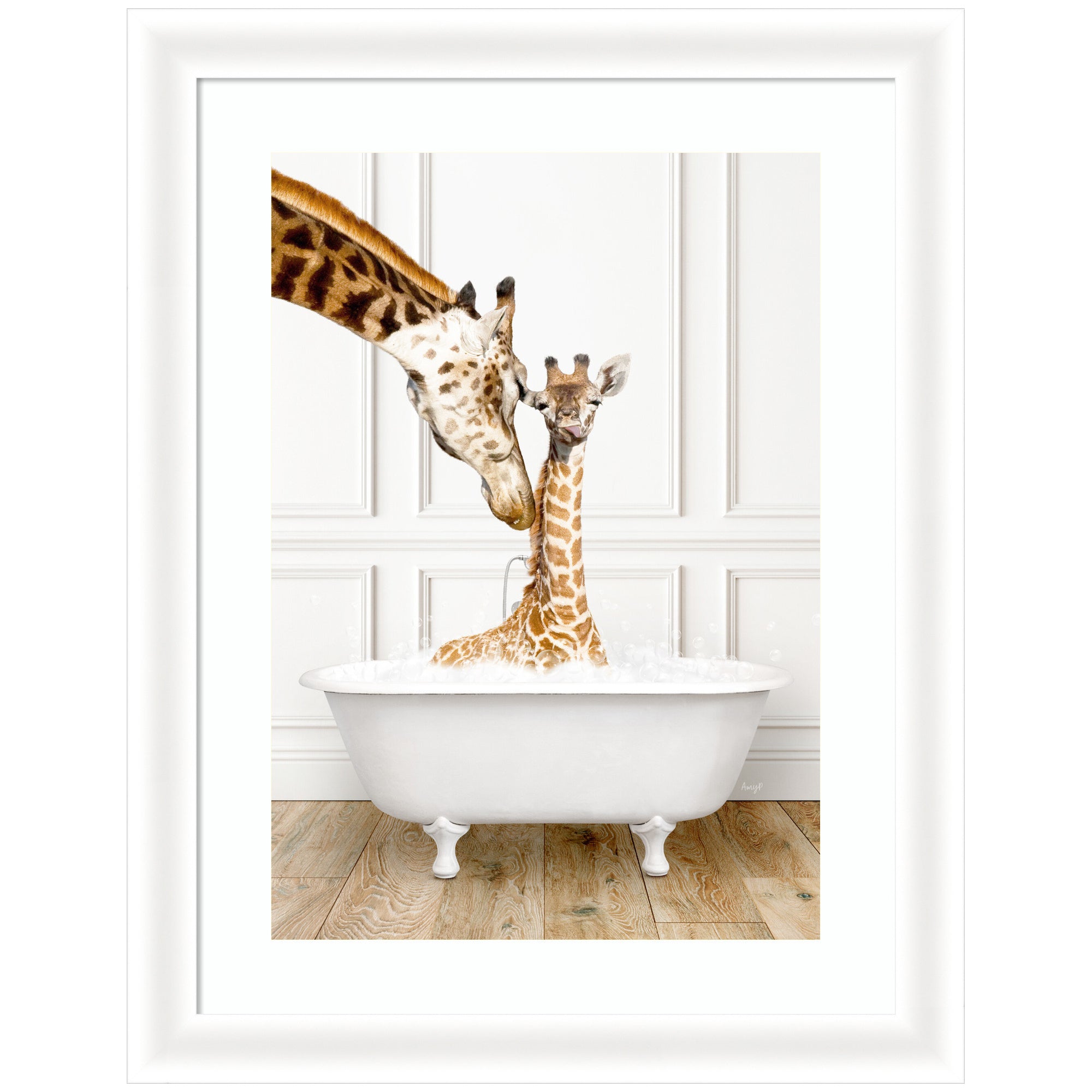 Mother and Baby Giraffe in Traditional Vintage Bathtub by Amy Peterson Framed Wall Art Print