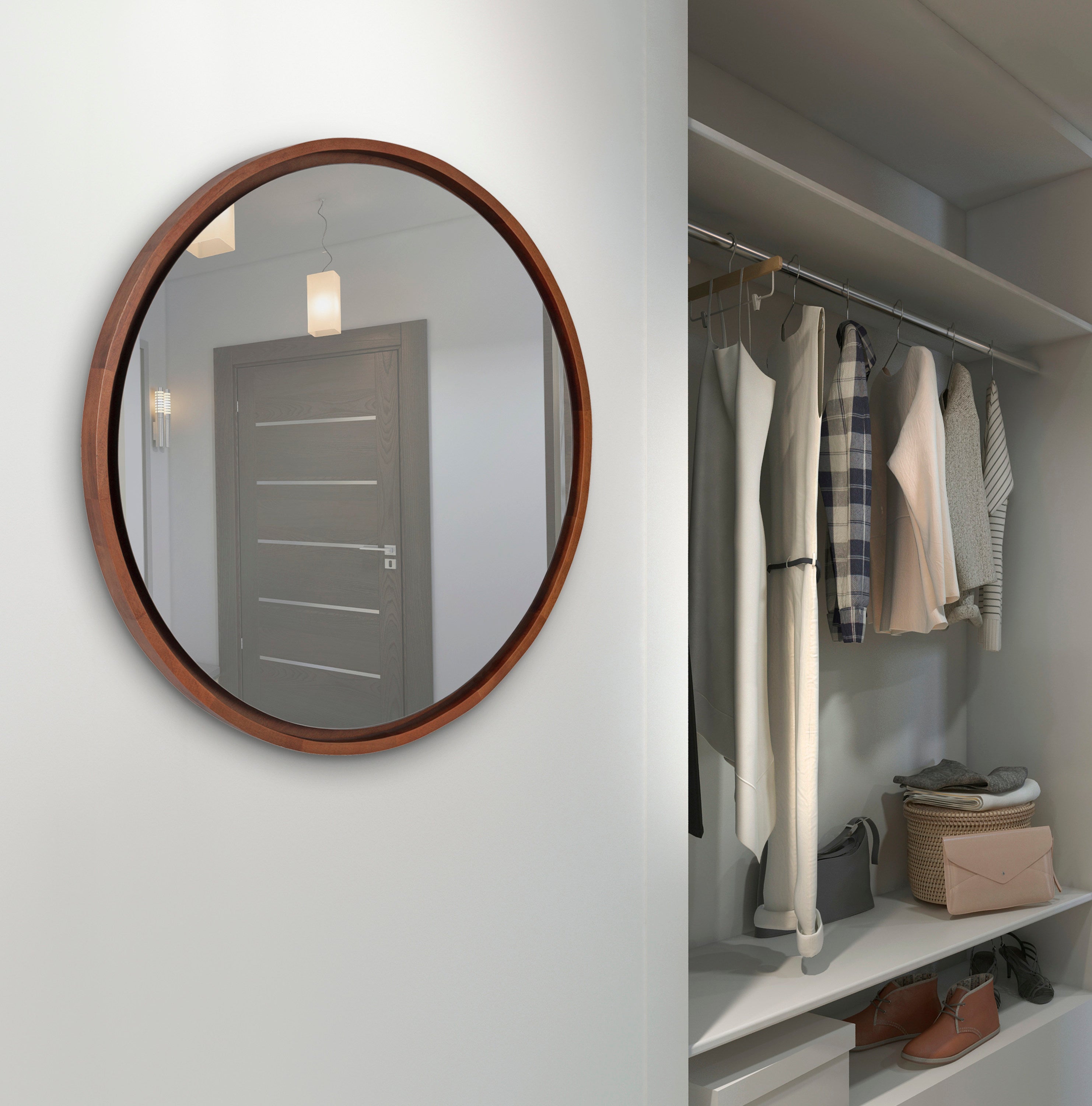 Round Mirror Walnut Brown 30" Diameter 7