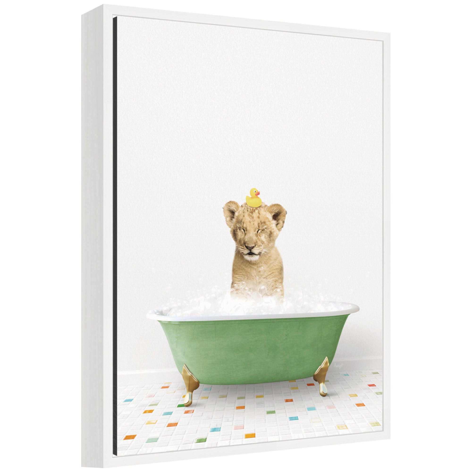 Sylvie Lion Cub in Green Bathtub on Colored Tile Framed Canvas by Amy Peterson
