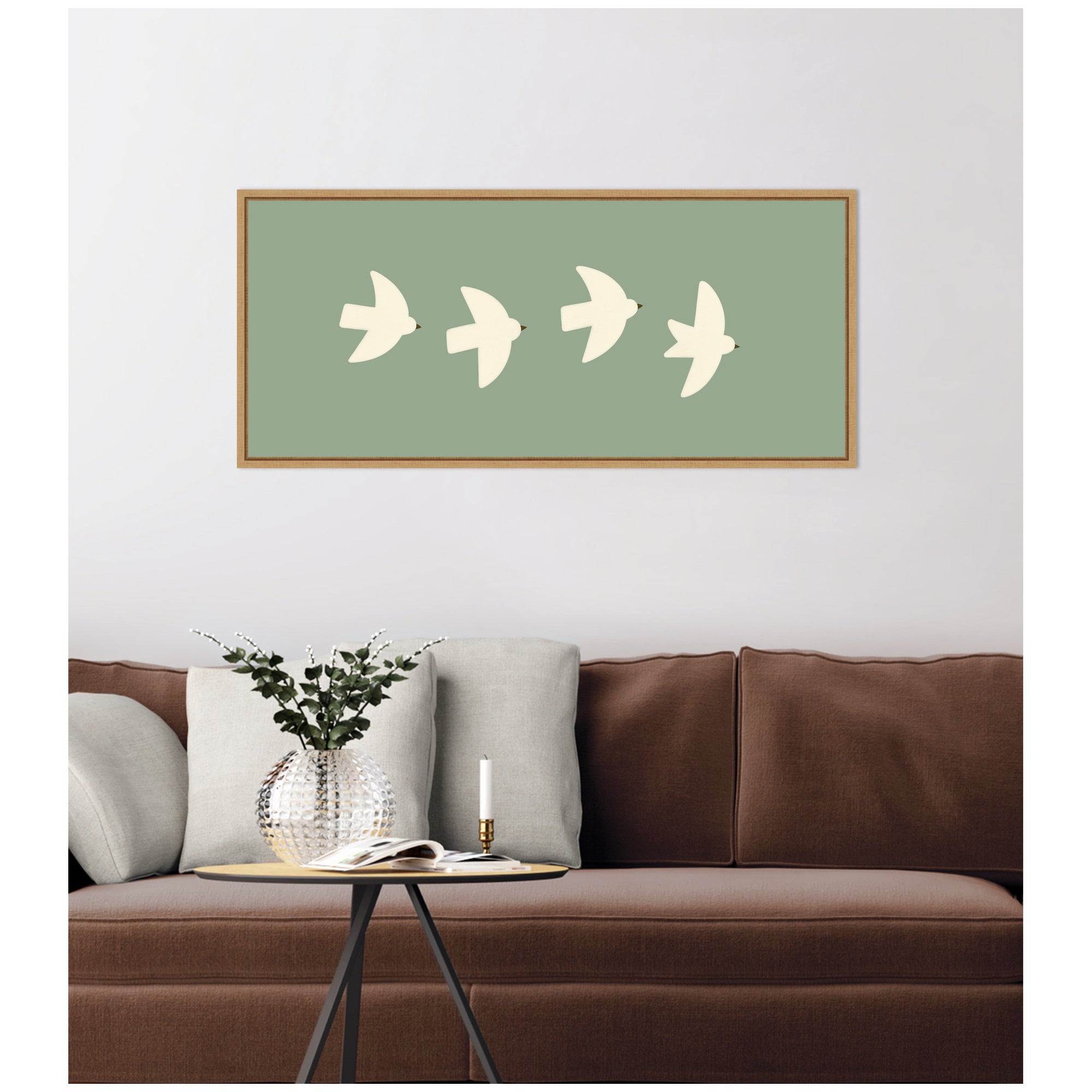 Minimalist Birds Panel 4 Green by Laura Moss Framed Canvas Wall Art Print