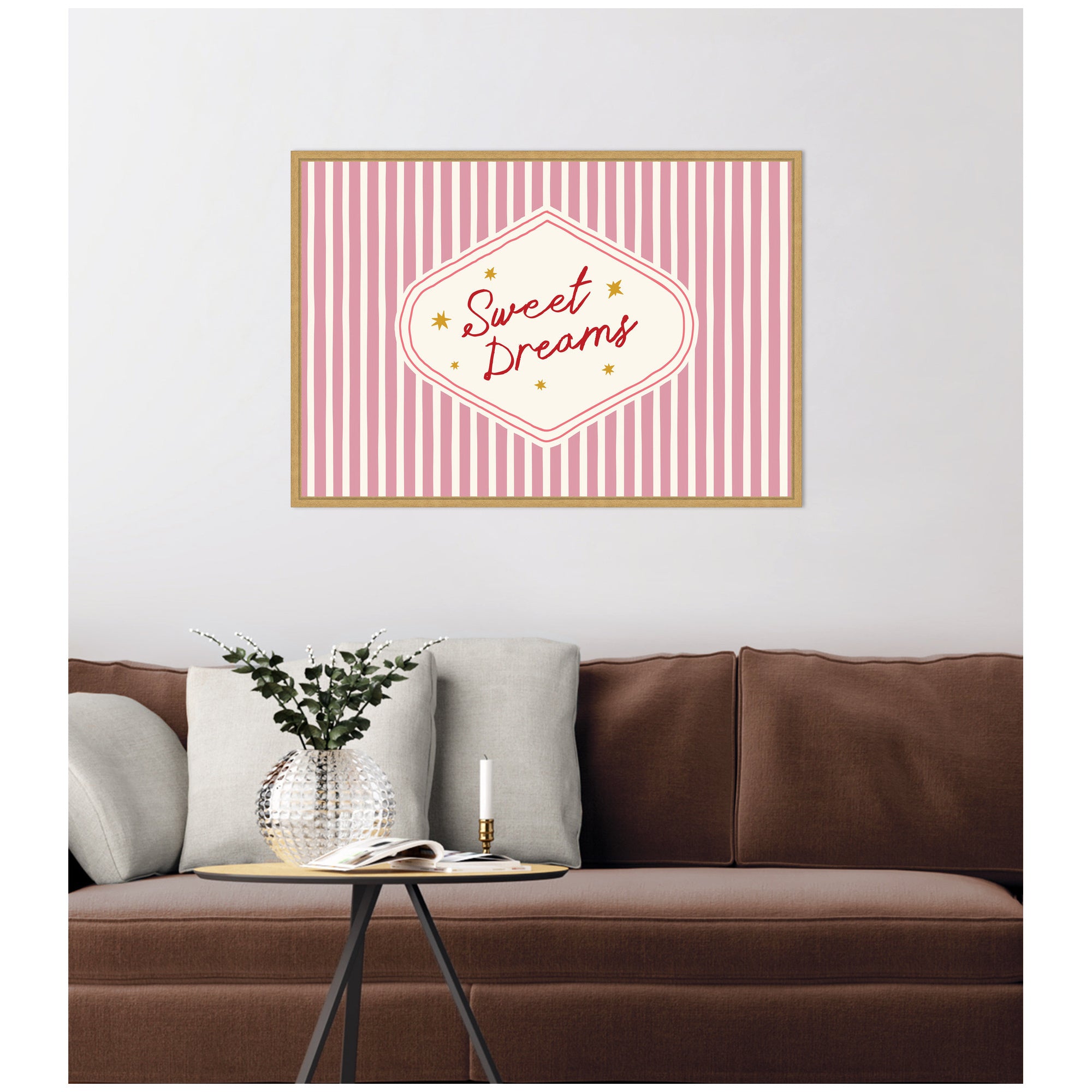 Sweet Dreams Retro Typography Pink and Red Stripe by Lucky Guava Framed Canvas Wall Art Print
