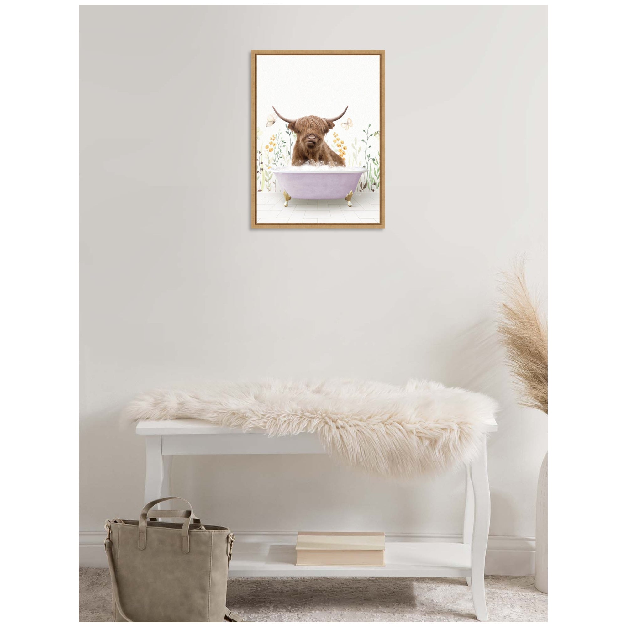Sylvie Highland Cow in Spring Bathtub Framed Canvas by Amy Peterson