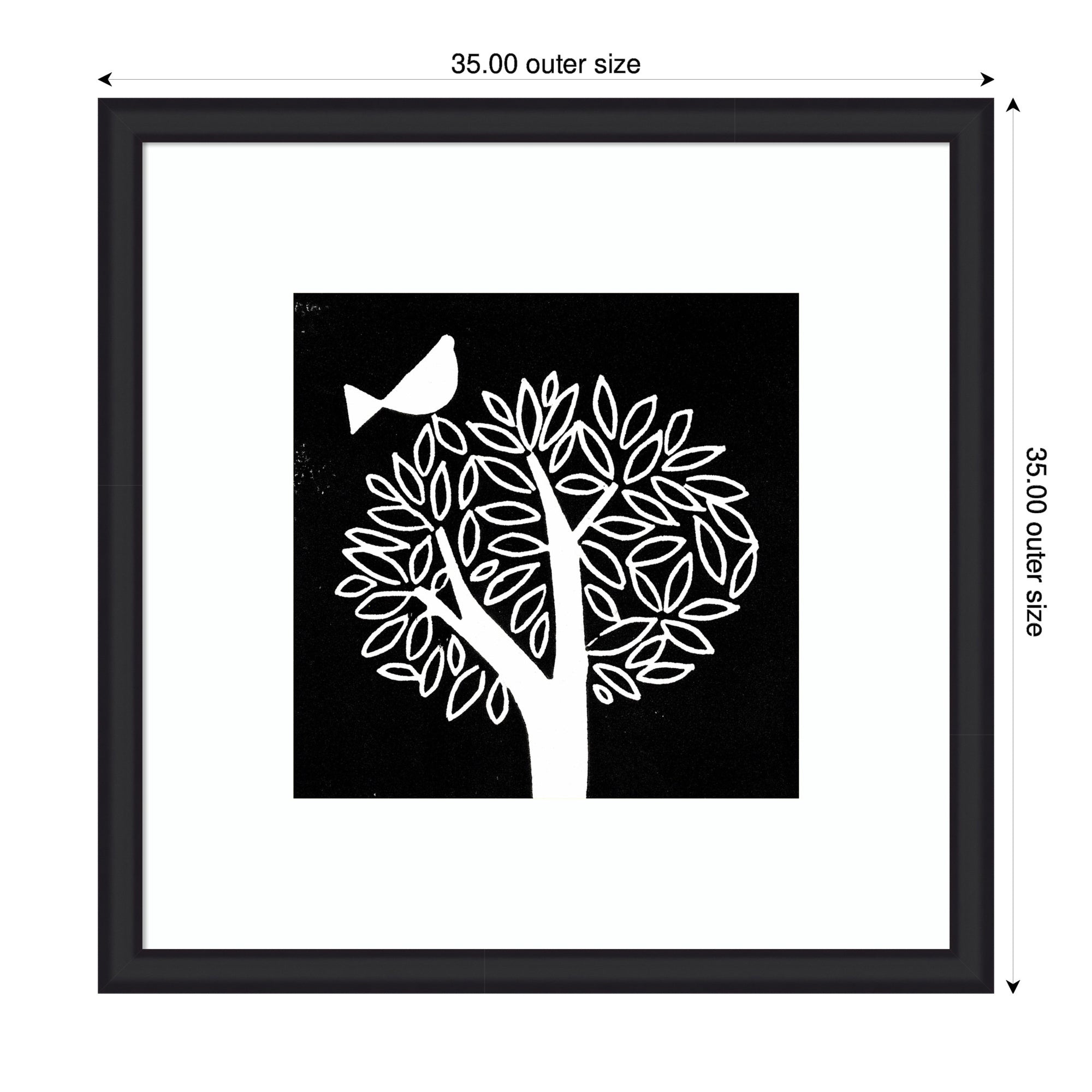 Framed Art Black and White Bird Tree Linocut by Giuliana Lazzerini
