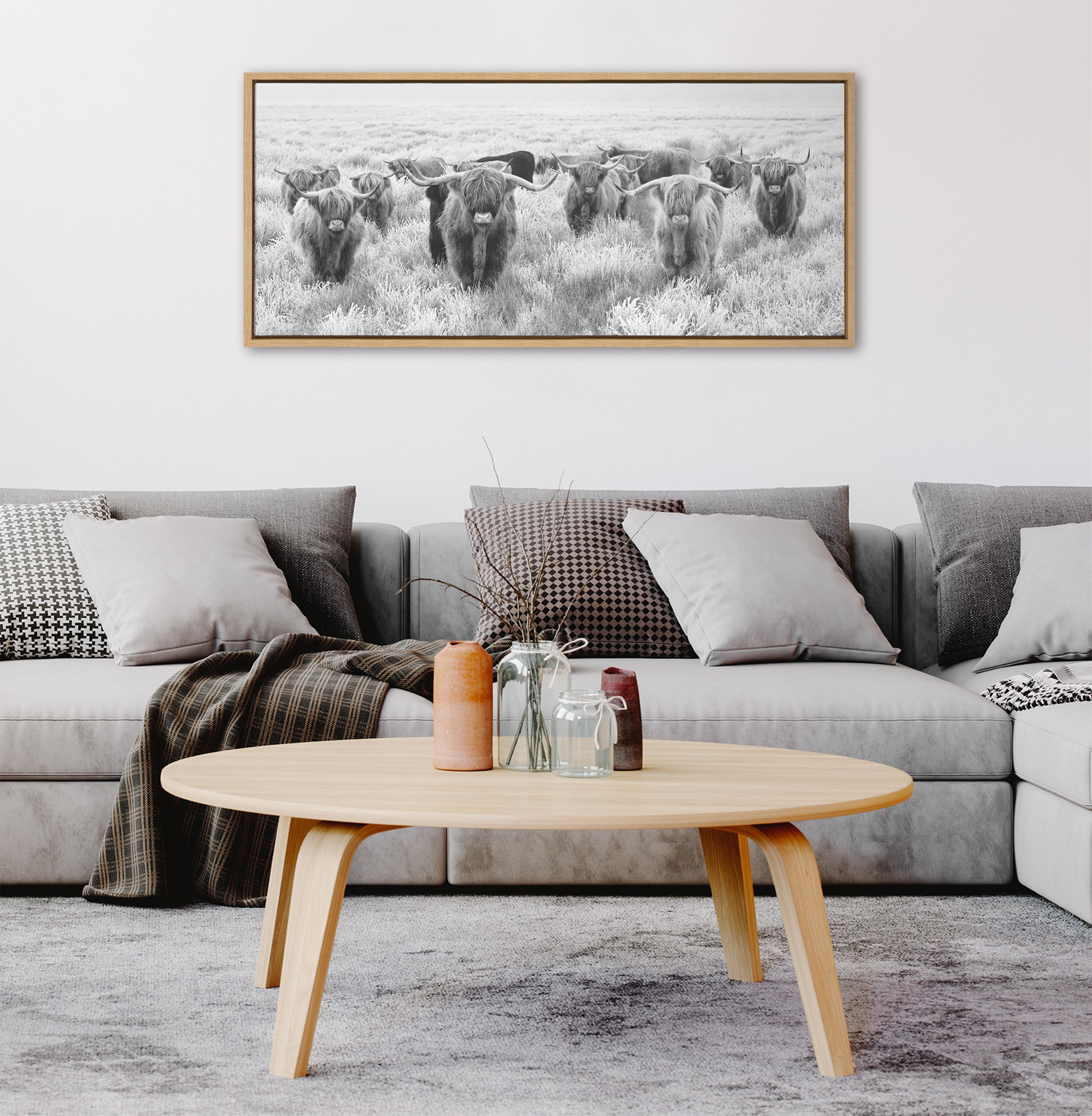 Sylvie Herd of Highland Cows Black and White Framed Canvas by The Creative Bunch Studio