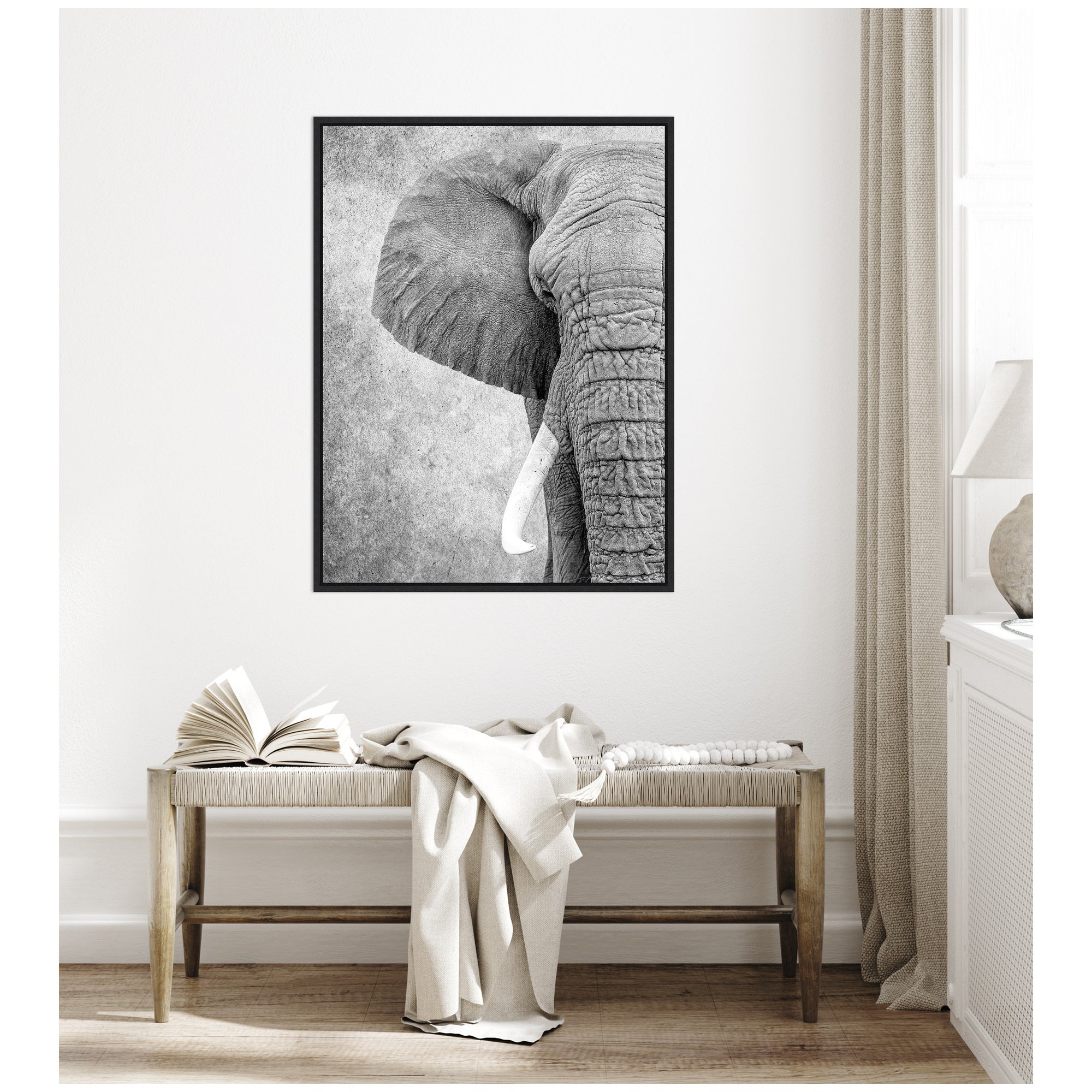 Sylvie Black and White Minimalist Safari Elephant Framed Canvas by Simon Te of Tai Prints