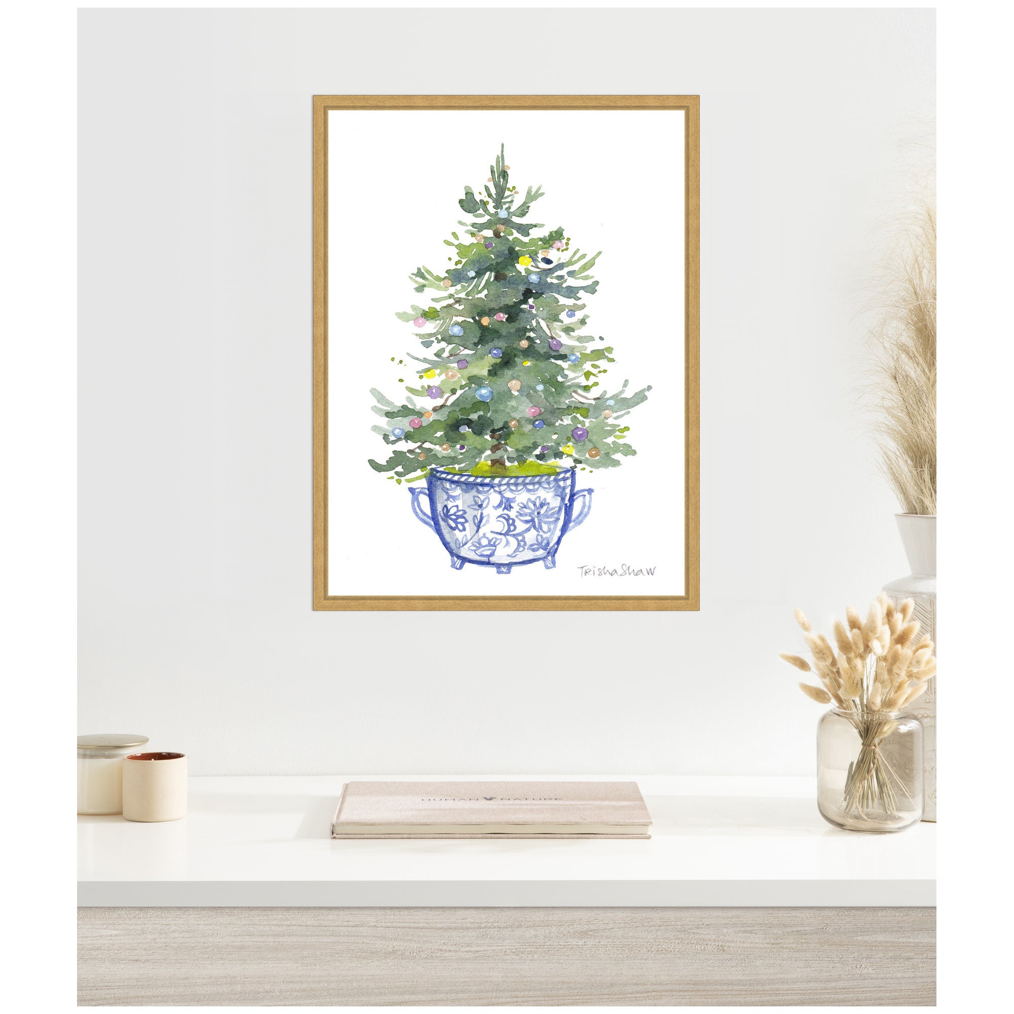 Sylvie Framed Canvas Traditional Christmas Tree In Blue Chinoiserie Pot by Patricia Shaw