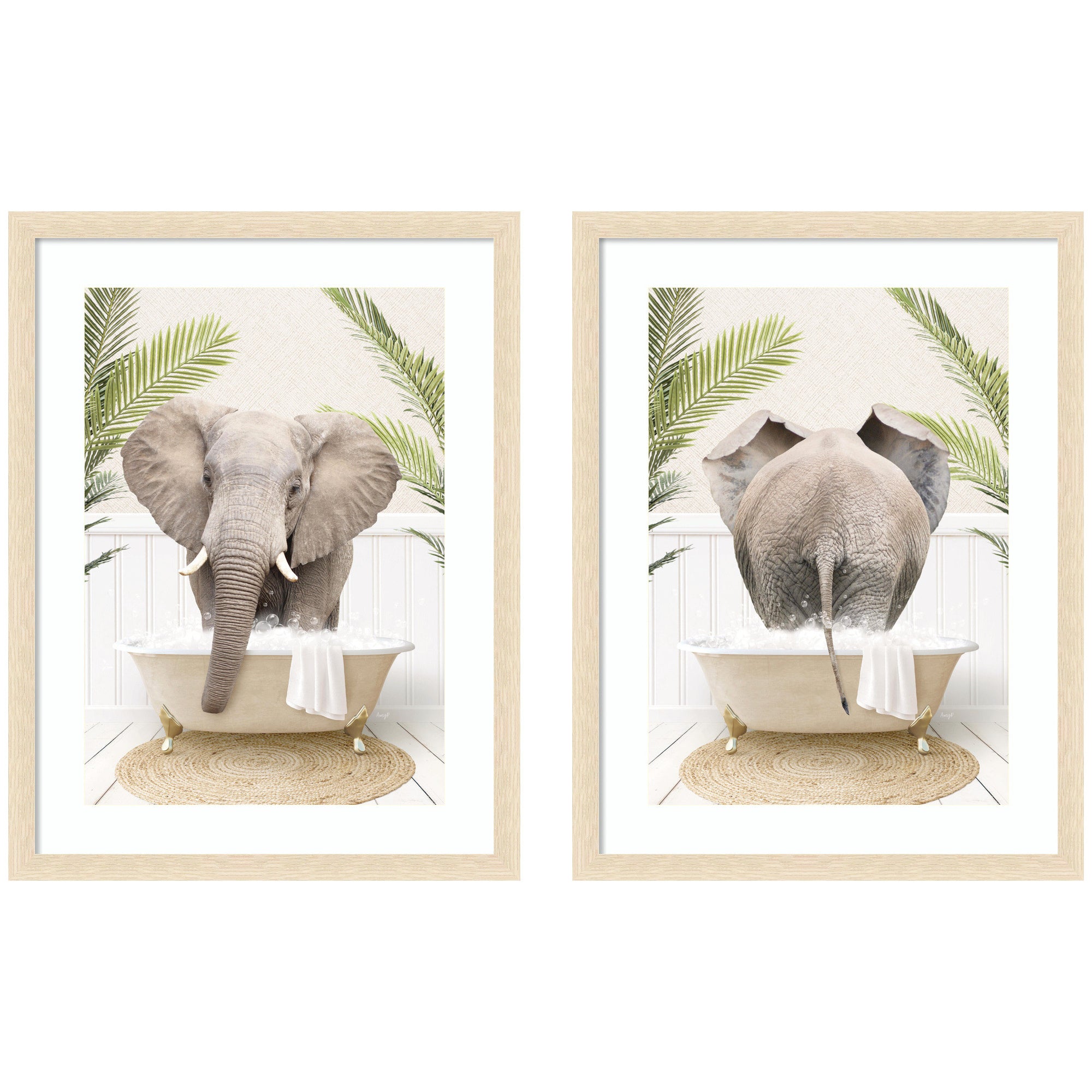 Elephant Palm Bathtub 2 Piece Framed Wall Art Print Set by Amy Peterson