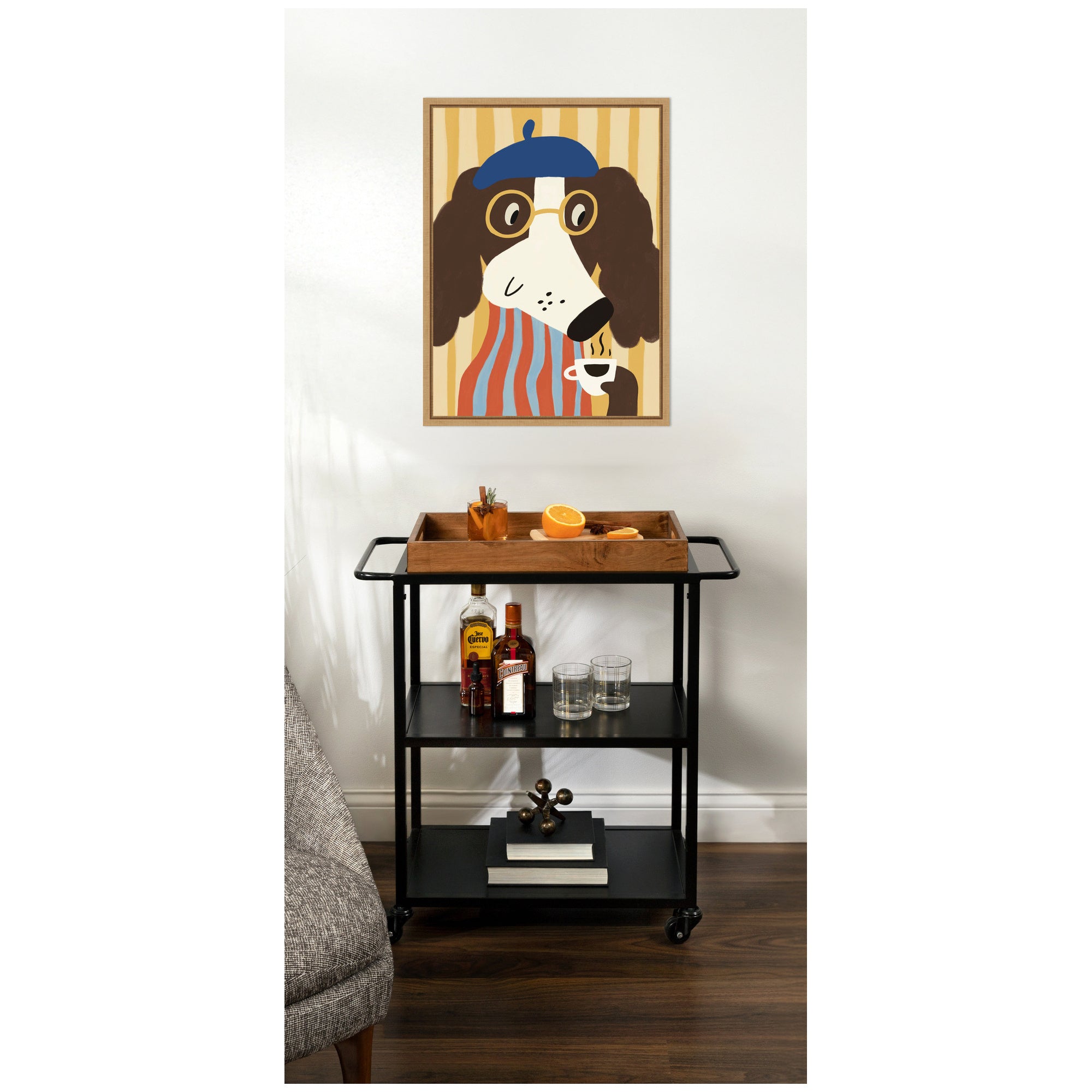 Dog with Cup of Coffee by Laura Moss Framed Canvas Wall Art Print
