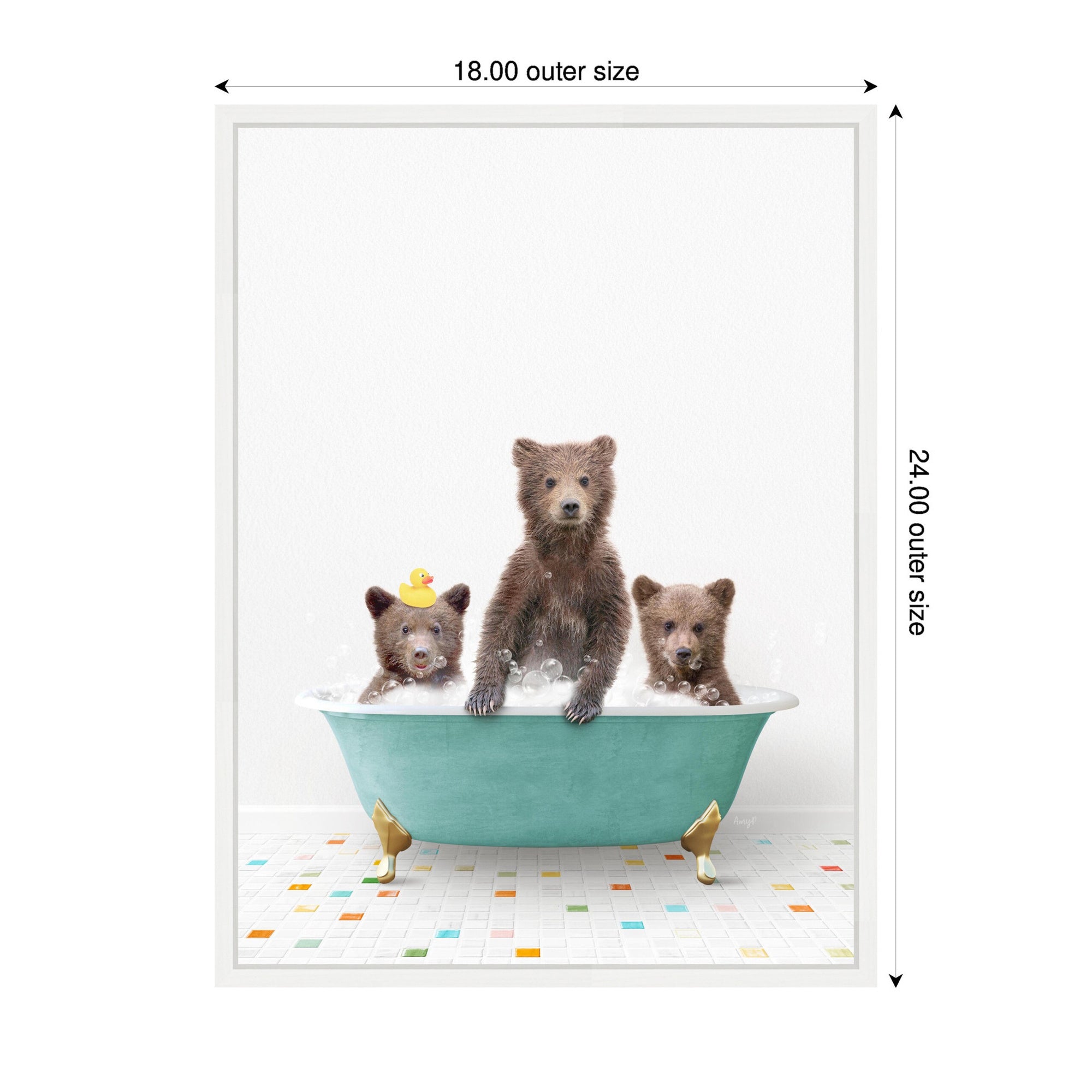 Sylvie Three Bear Cubs in Teal Bathtub on Colored Tile Framed Canvas by Amy Peterson