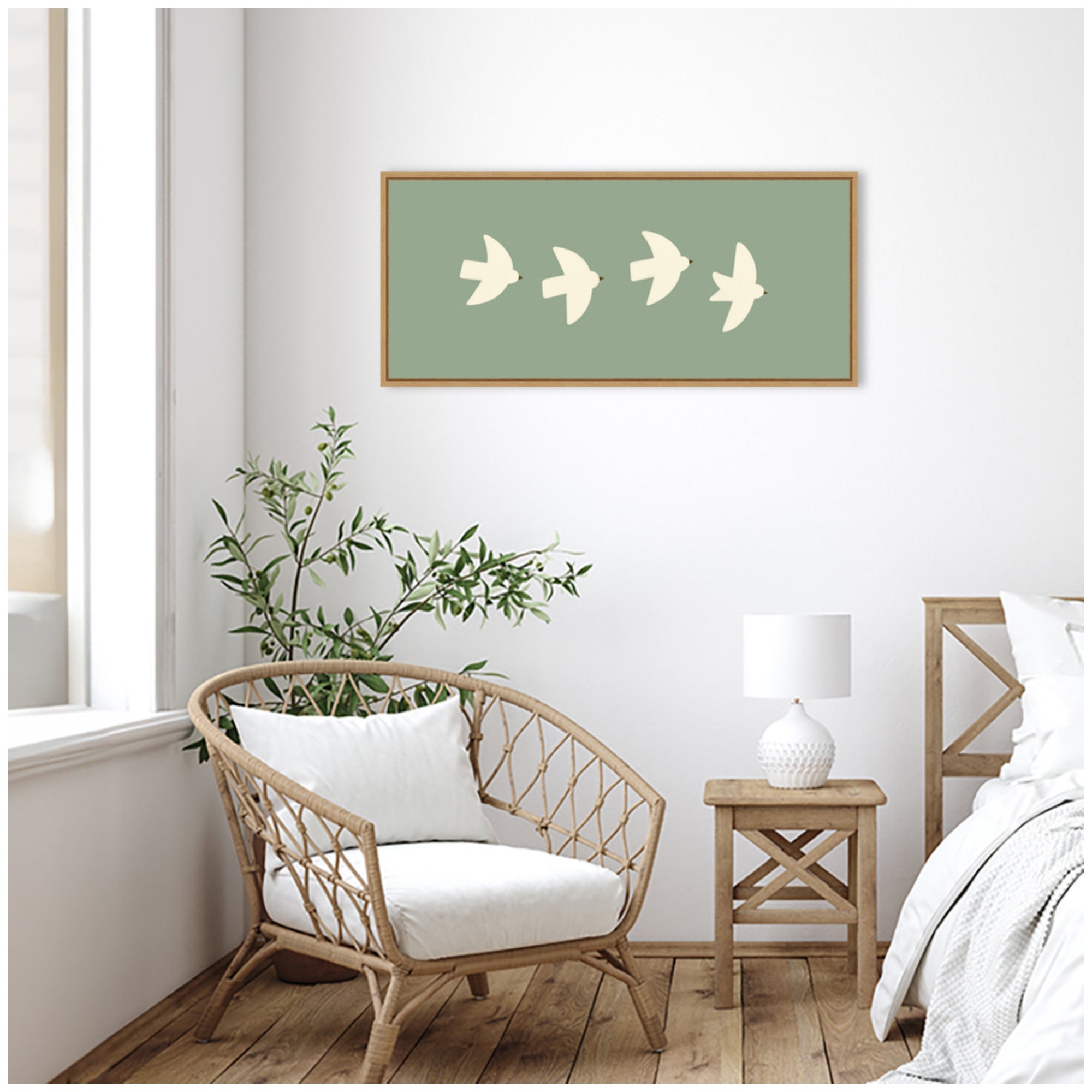 Minimalist Birds Panel 4 Green by Laura Moss Framed Canvas Wall Art Print