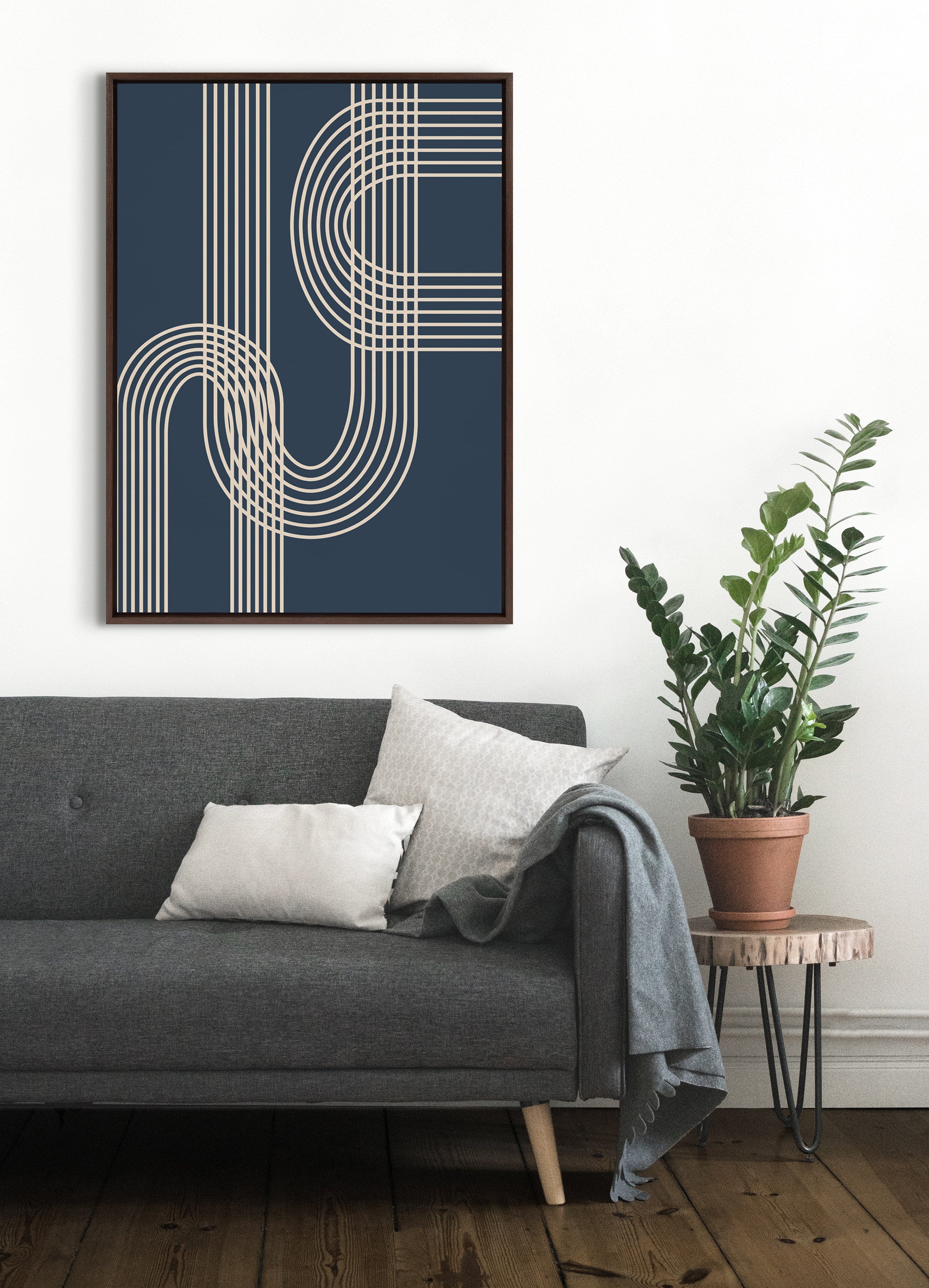 Sylvie Lines in Blue Framed Canvas by Apricot and Birch