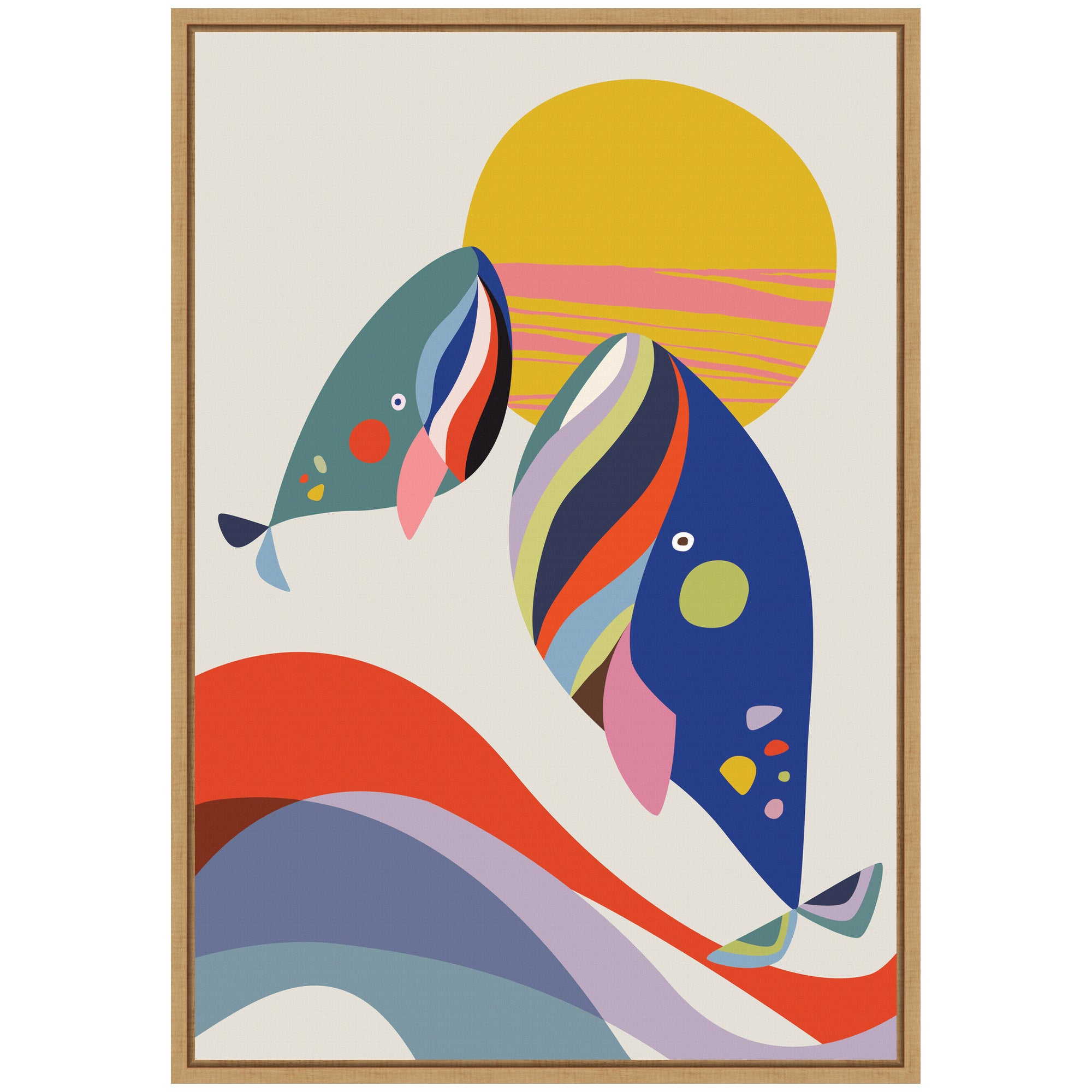 Sylvie Retro Coastal Mom and Baby Whales Framed Canvas by Rachel Lee