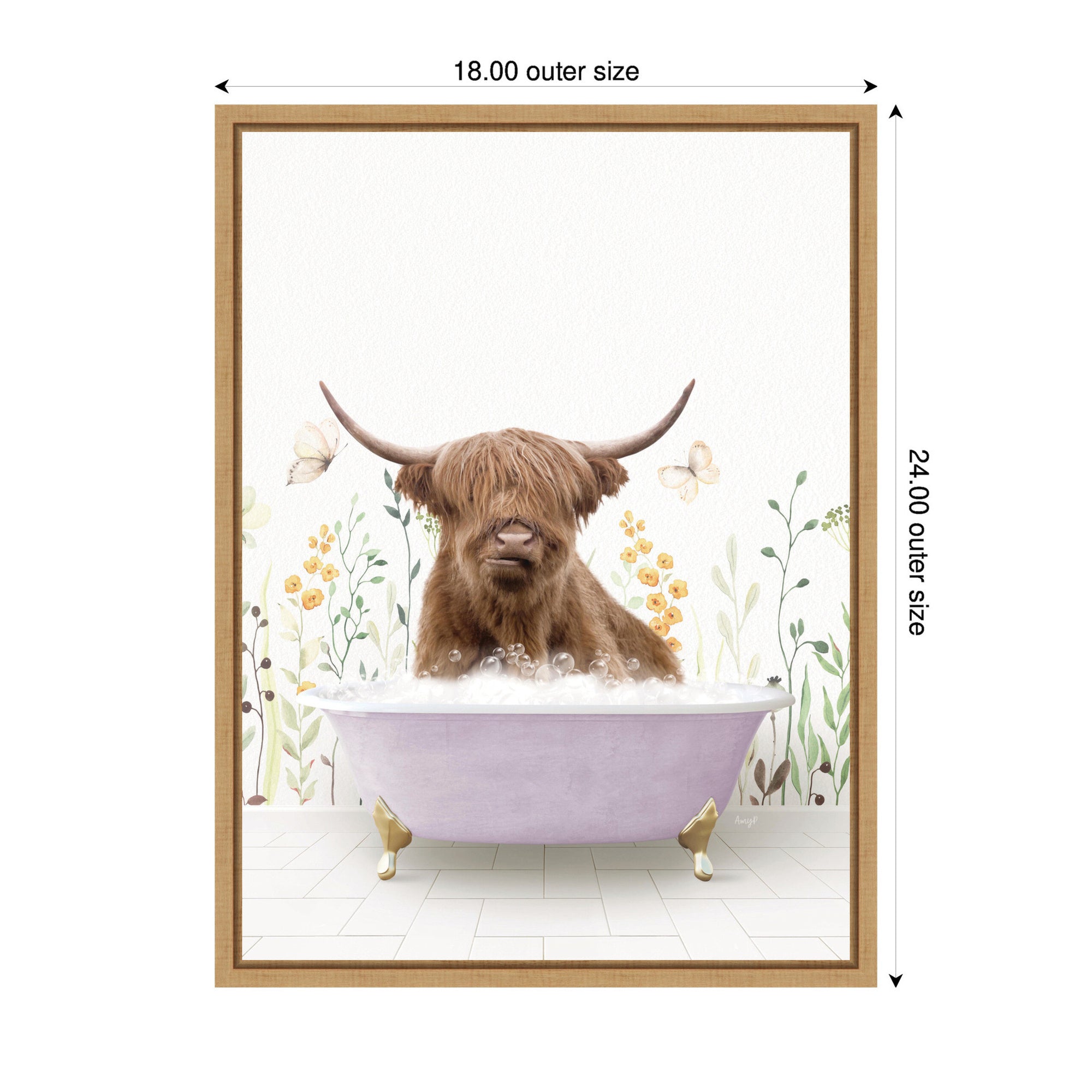 Sylvie Highland Cow in Spring Bathtub Framed Canvas by Amy Peterson