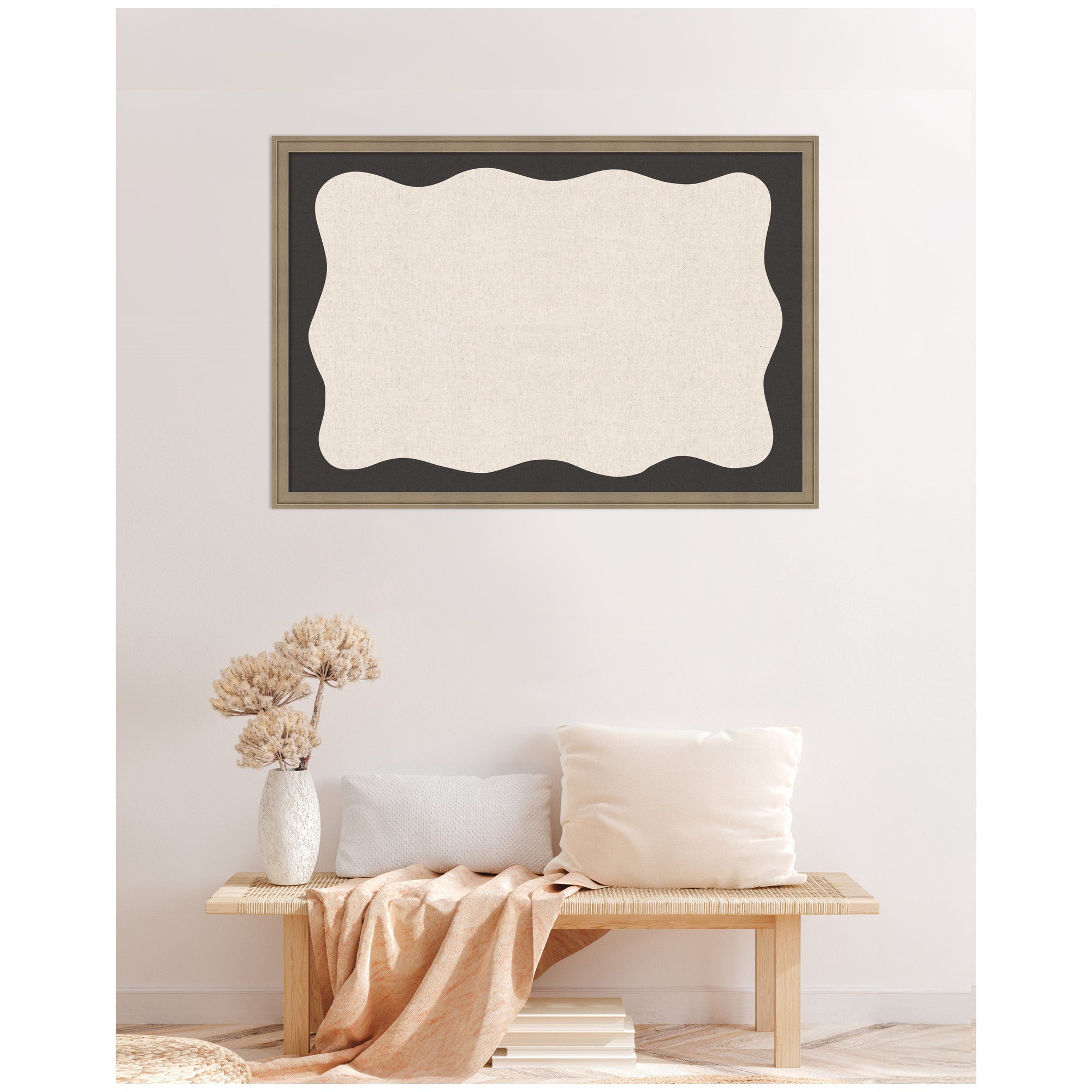 Framed Fabric Pinboard Wavy Linen Light and Black Wall Organization