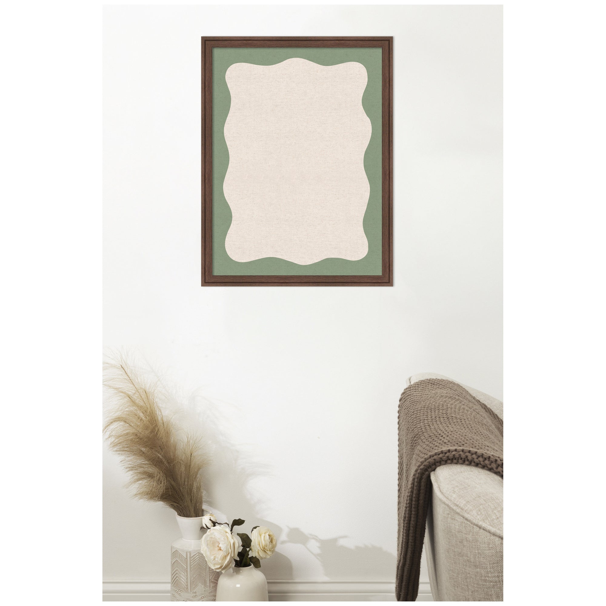 Framed Fabric Pinboard Wavy Neutral Linen and Green Wall Organization
