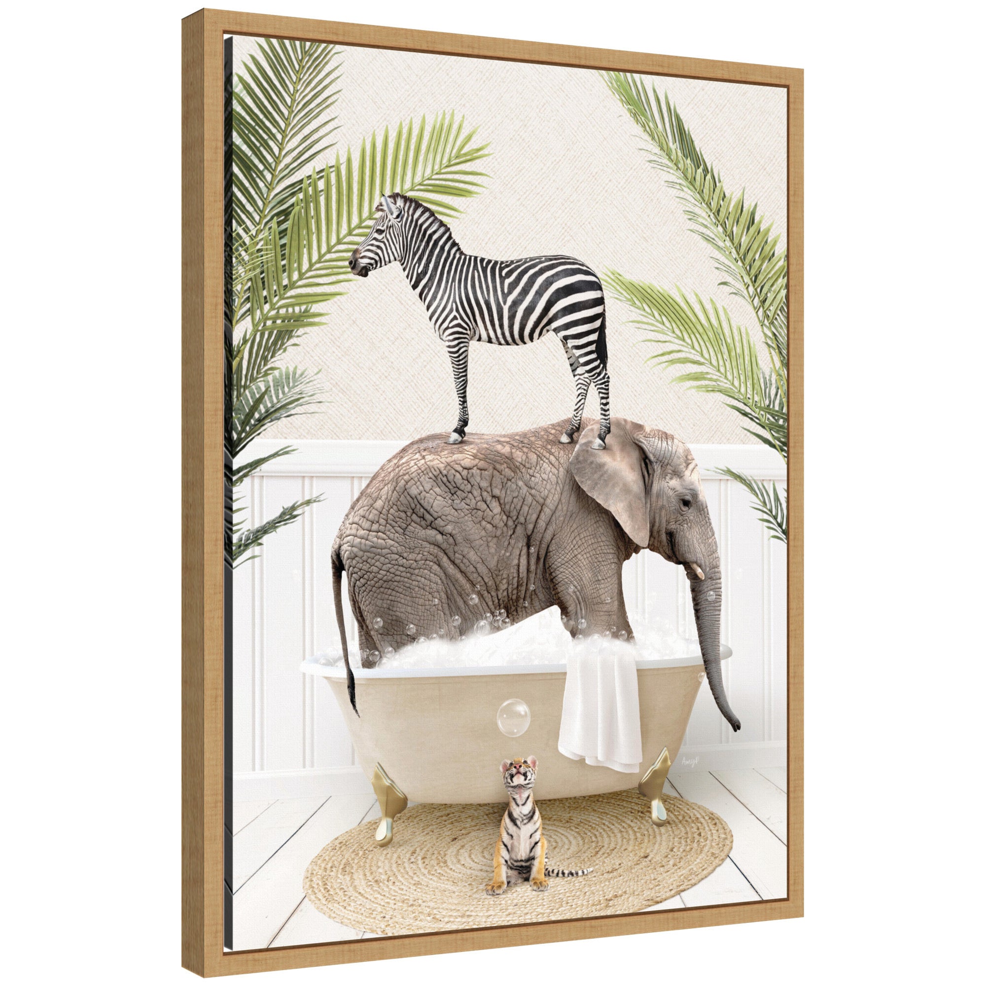 Sylvie Safari Animals in Palm Bath Framed Canvas by Amy Peterson