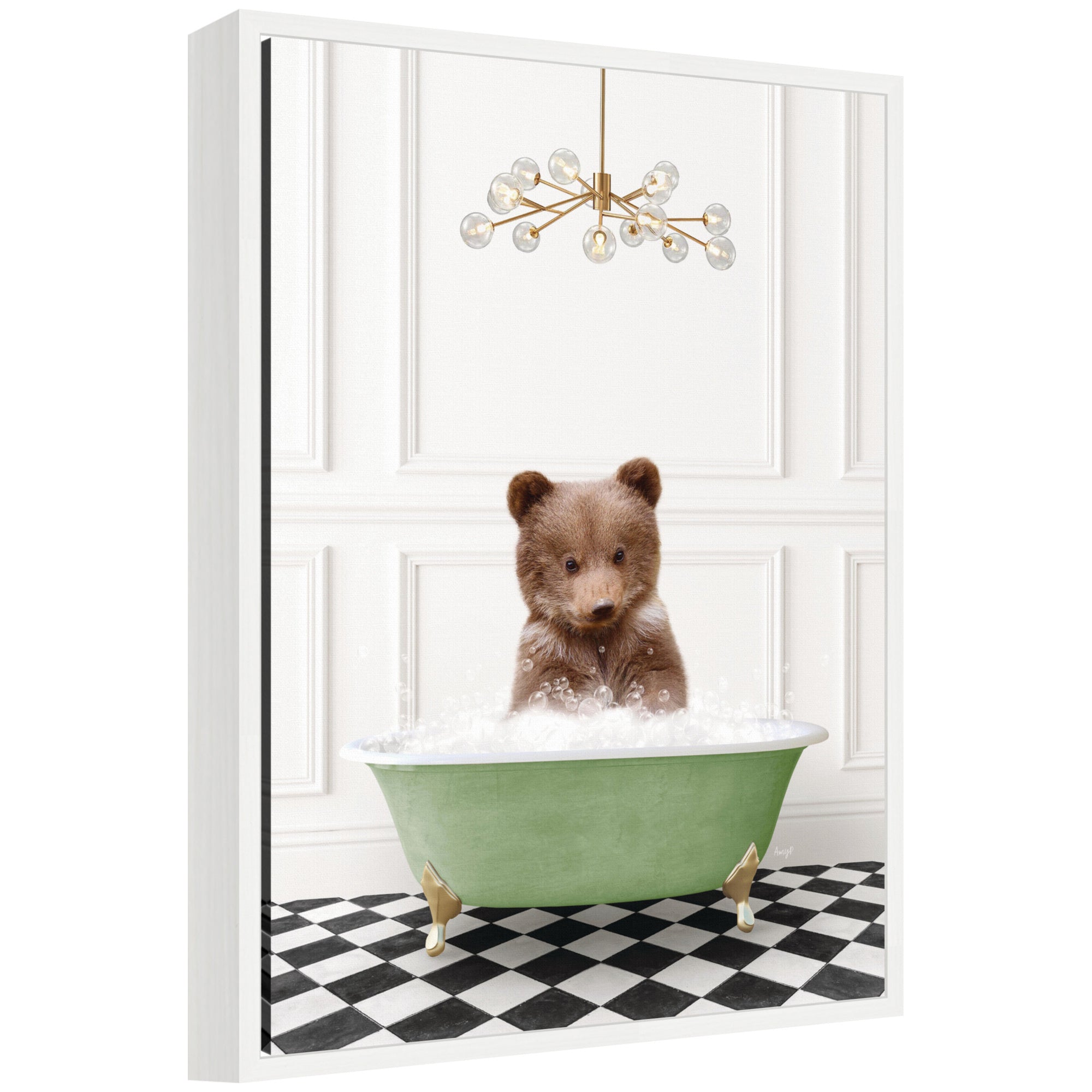 Sylvie Bear Cub in Green Bathtub Checker Floor Framed Canvas by Amy Peterson
