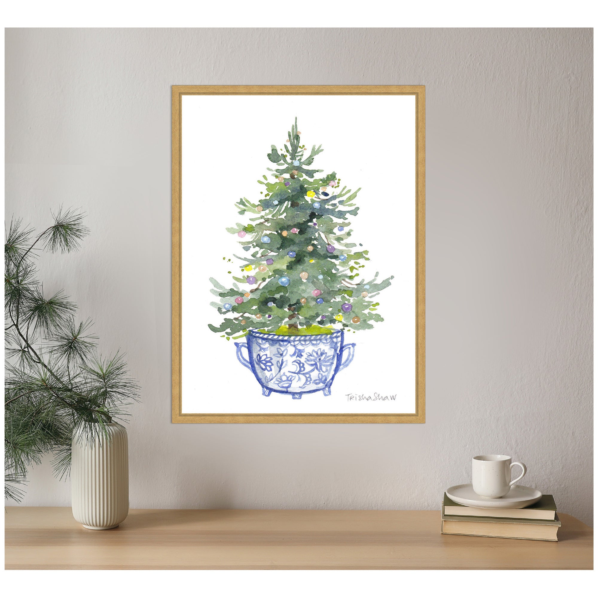 Sylvie Framed Canvas Traditional Christmas Tree In Blue Chinoiserie Pot by Patricia Shaw