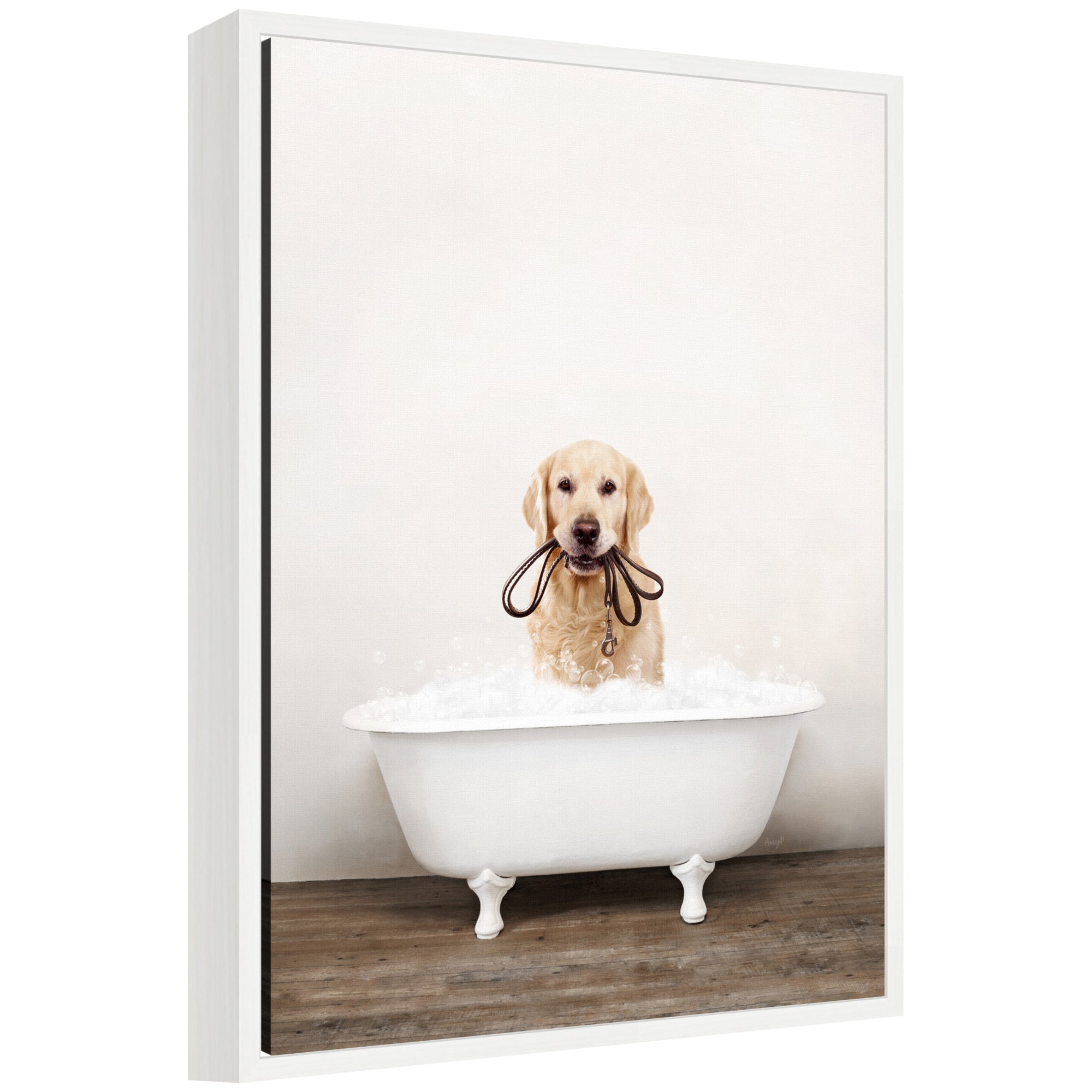 Sylvie Golden Retriever in Rustic Bath Style Framed Canvas by Amy Peterson