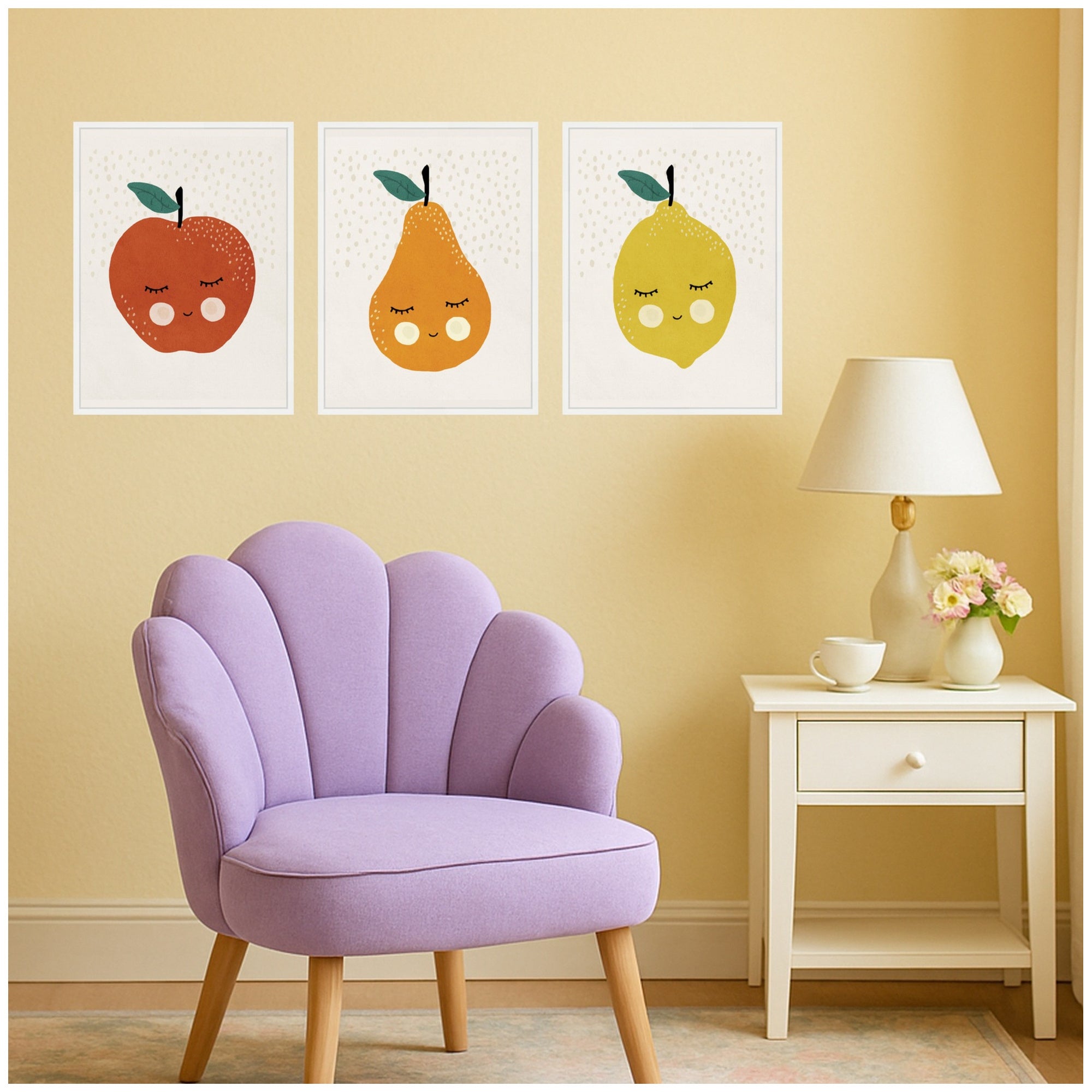 Cute Apple Lemon Pear 3 Piece Framed Canvas Wall Art Set by July Art Prints