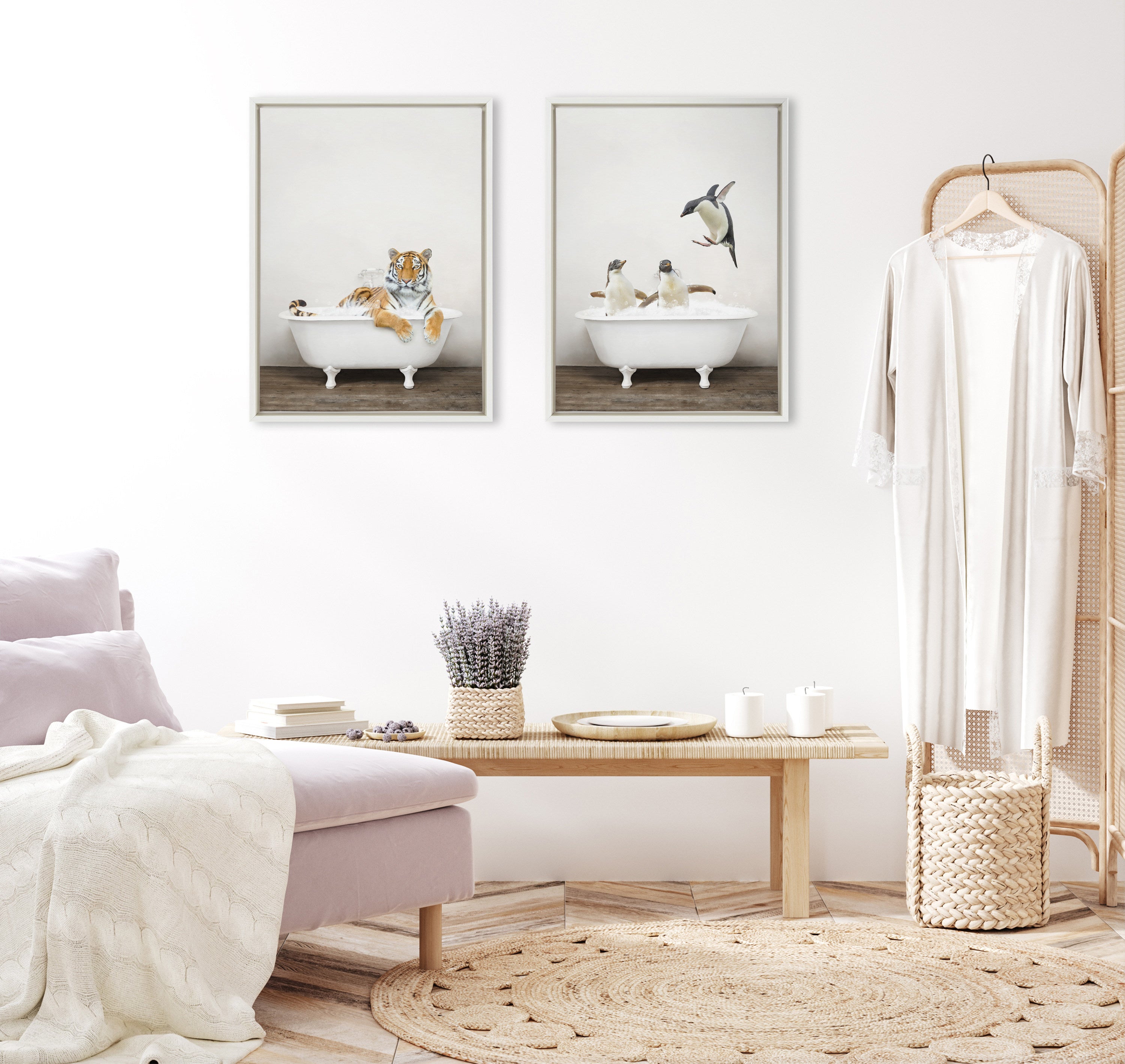Sylvie Penguins Playing in Rustic Bath Framed Canvas by Amy Peterson Art Studio