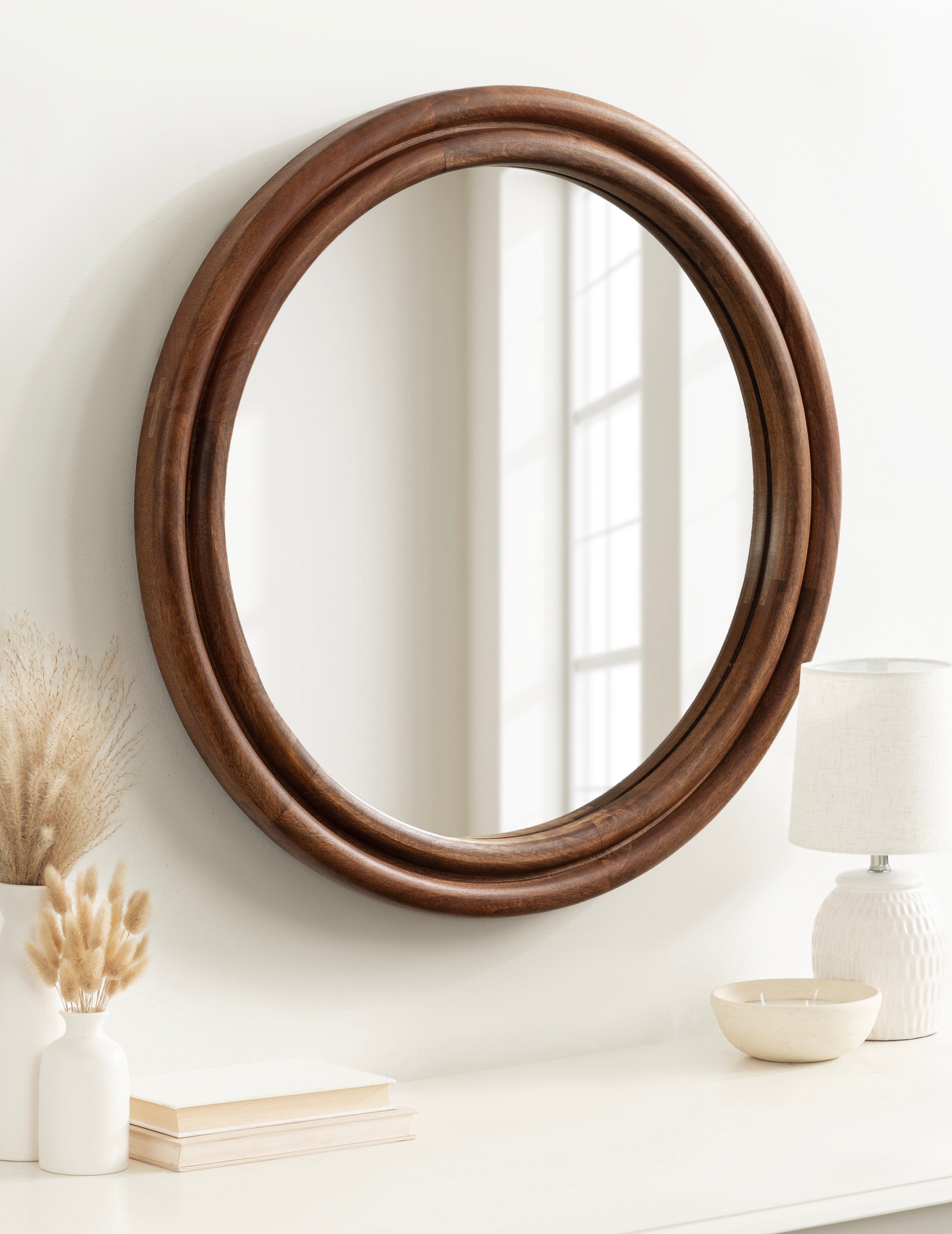 Round Mirror Walnut Brown 26" Diameter 7