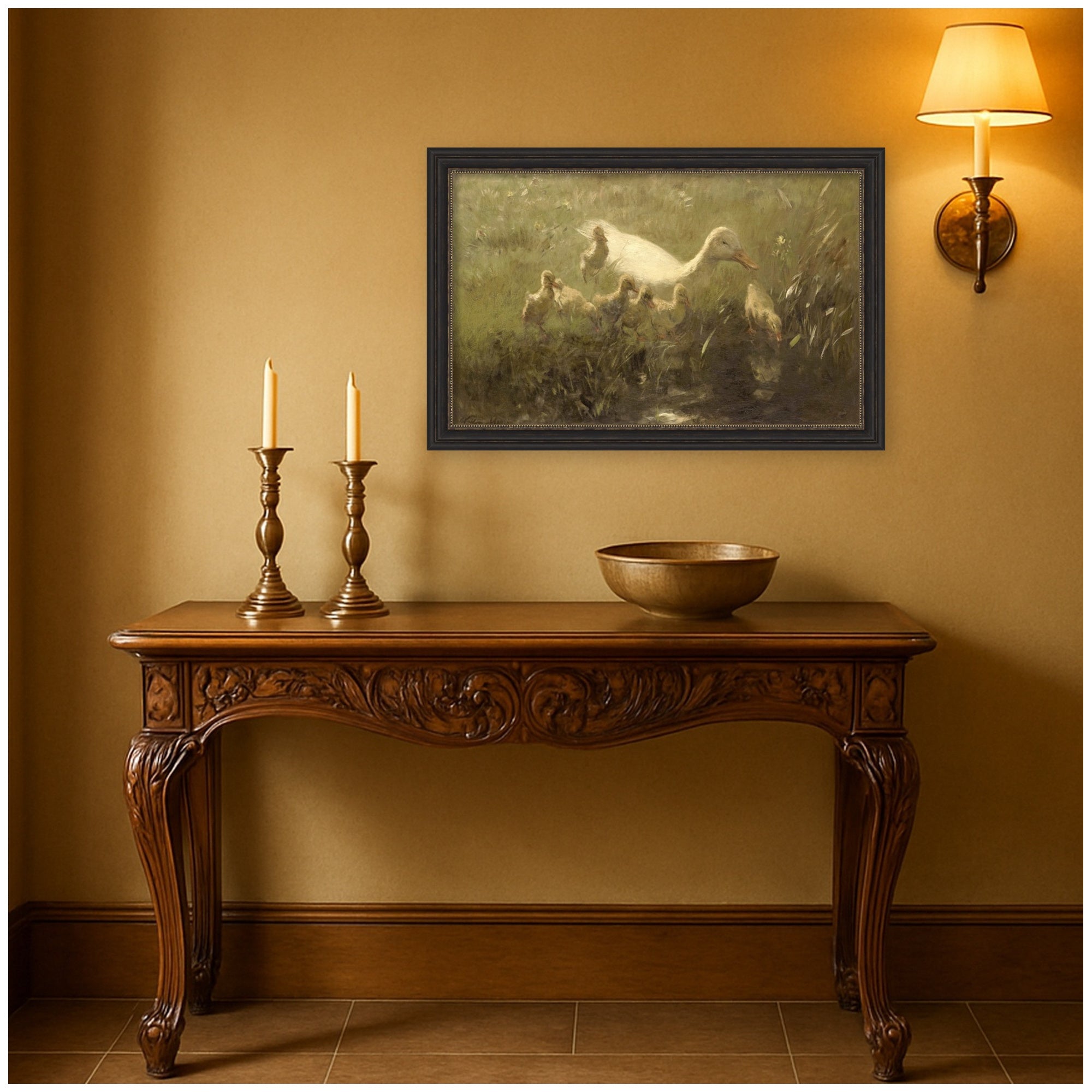 Witte eend met kiekens 1910 Willem Maris by Nostalgia Prints Framed Mounted Canvas Wall Art Print