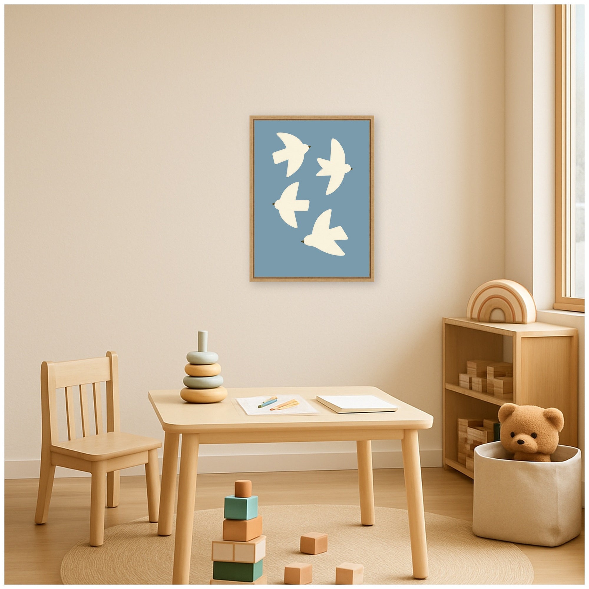 Minimalist Birds Poster Blue by Laura Moss Framed Canvas Wall Art Print