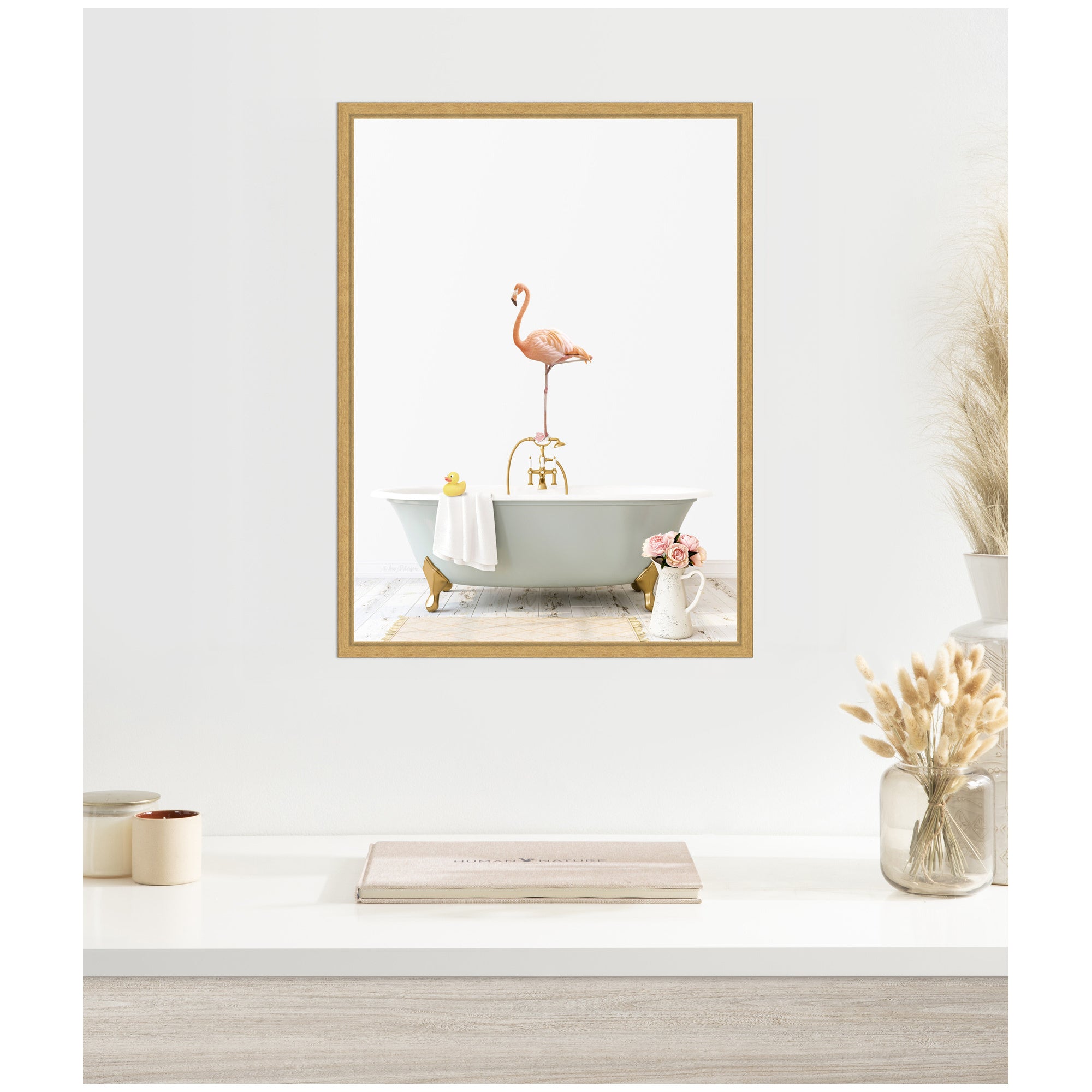 Sylvie Flamingo in Cottage Gray Bathtub Framed Canvas by Amy Peterson
