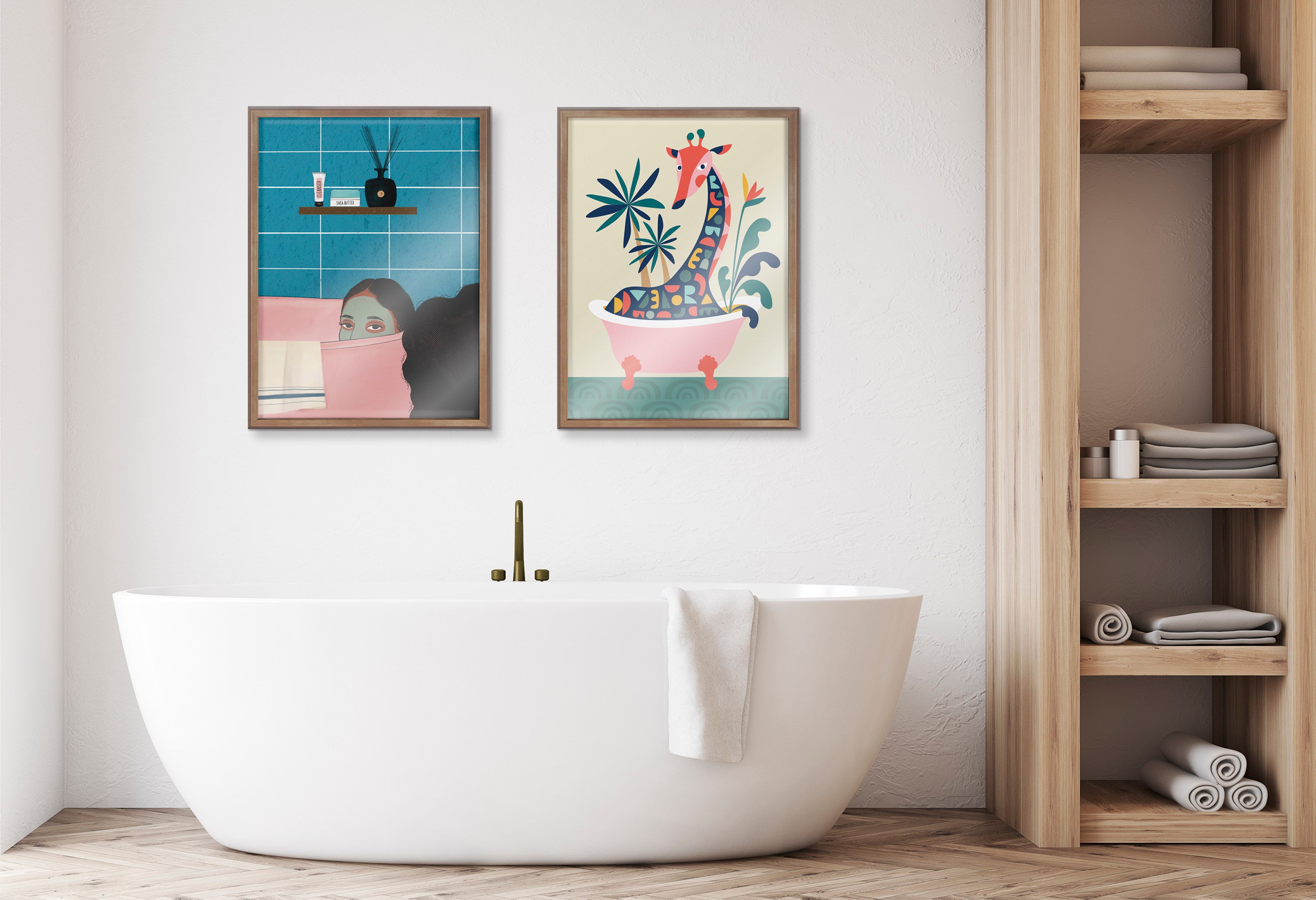 Blake Mid Century Modern Giraffe in Bathtub Framed Printed Glass by Rachel Lee of My Dream Wall
