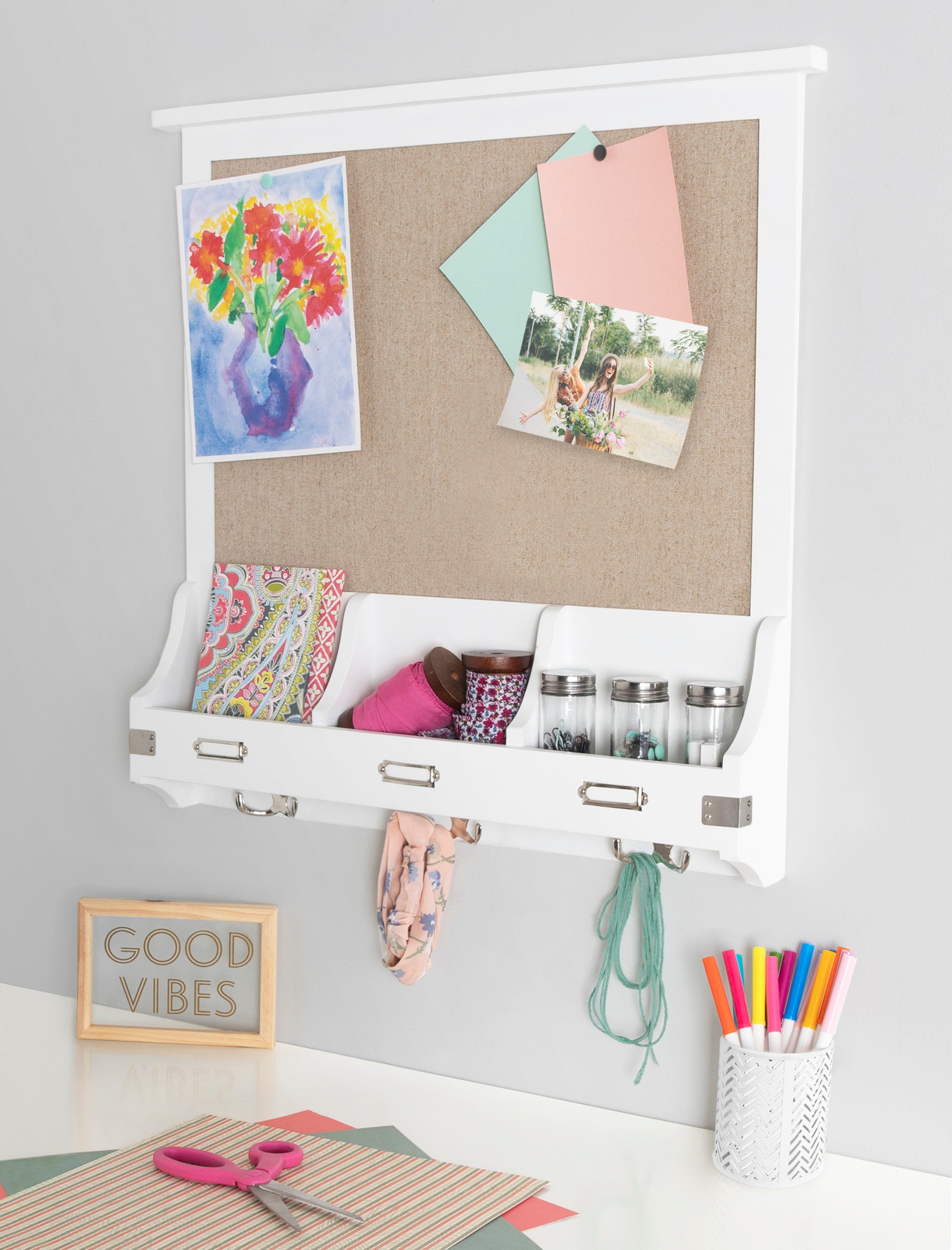 Stallard Wood Wall Pinboard with Hooks
