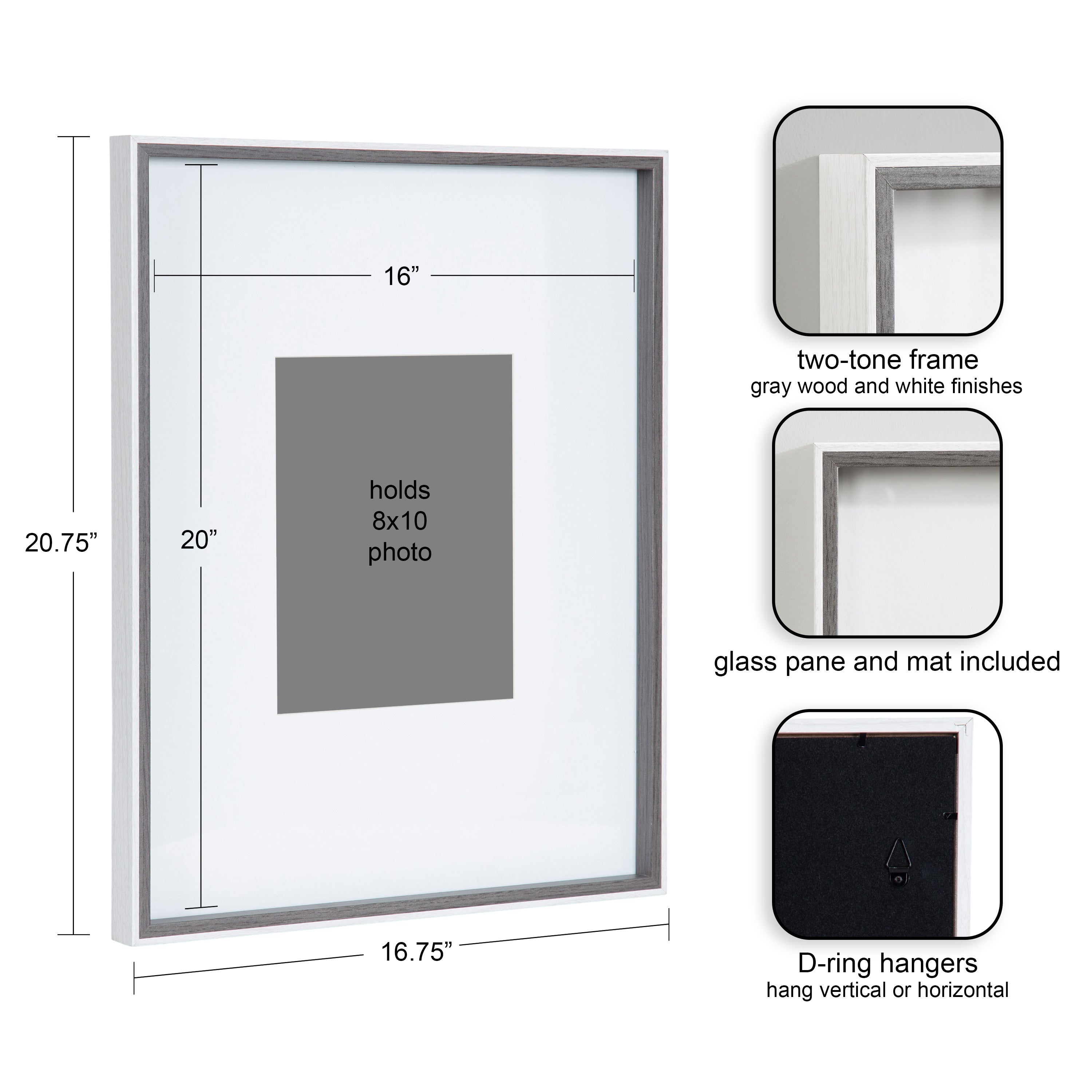 Wall Frame 16x20 matted to 8x10 Gray White 2