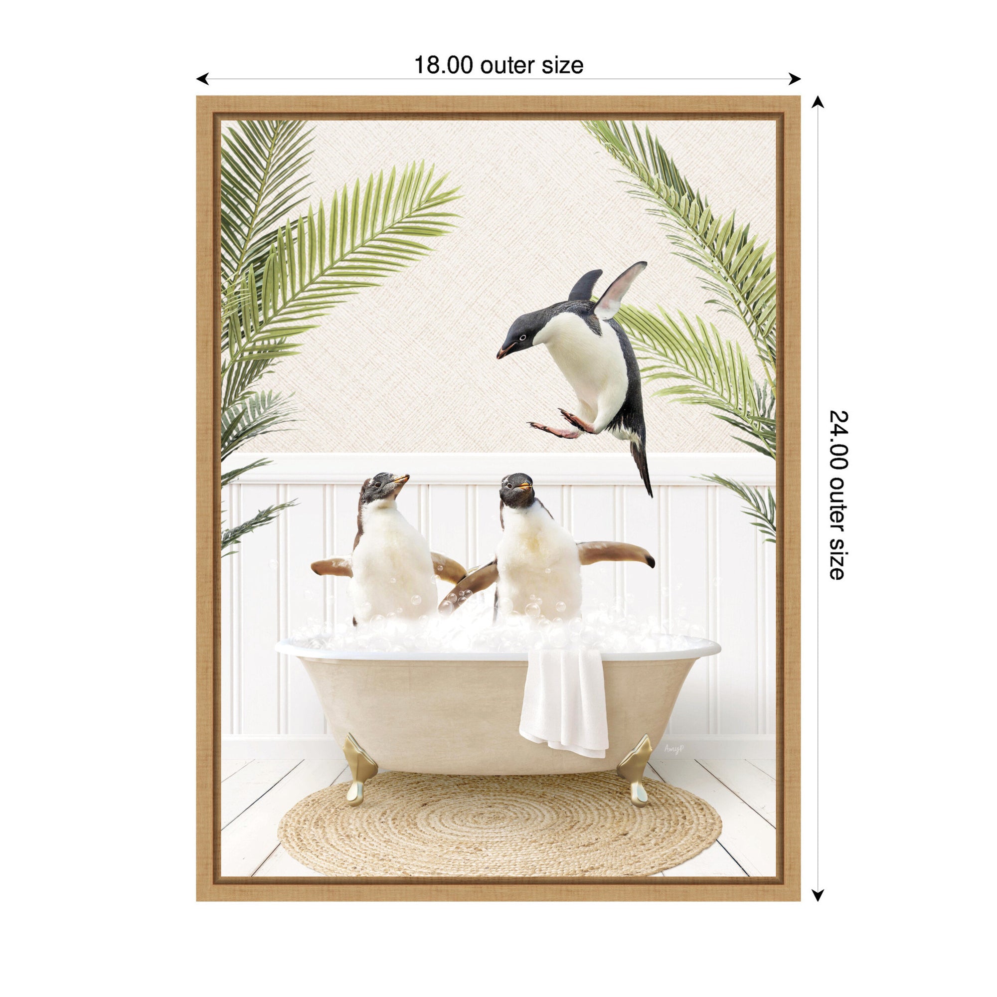 Sylvie Penguins in Palm Bathtub Framed Canvas by Amy Peterson