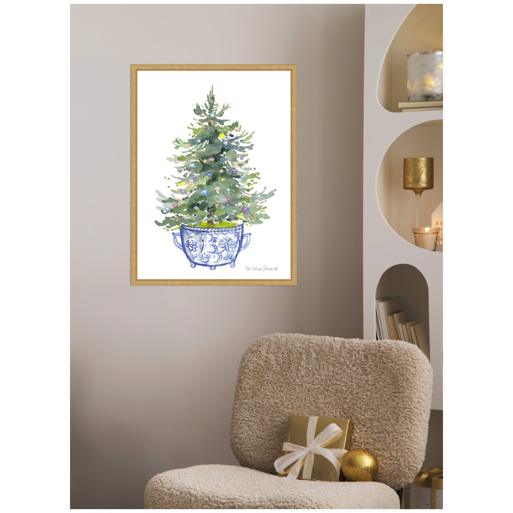 Sylvie Framed Canvas Traditional Christmas Tree In Blue Chinoiserie Pot by Patricia Shaw