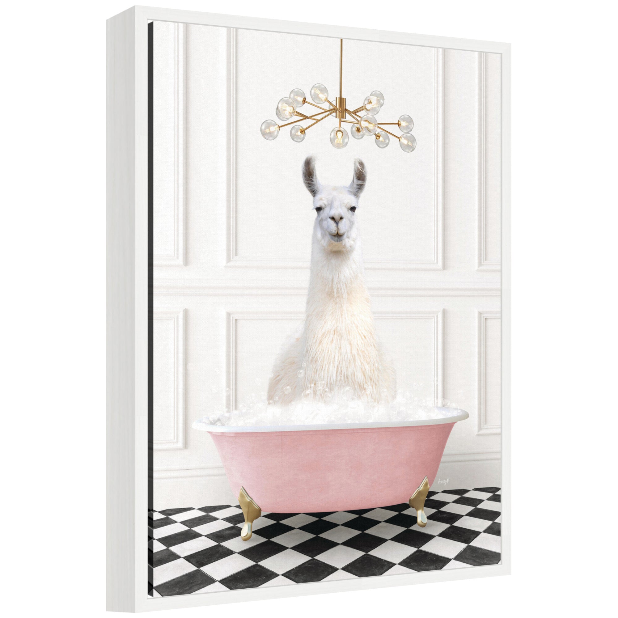 Sylvie Llama in Pink Bathtub on Checker Floor Framed Canvas by Amy Peterson