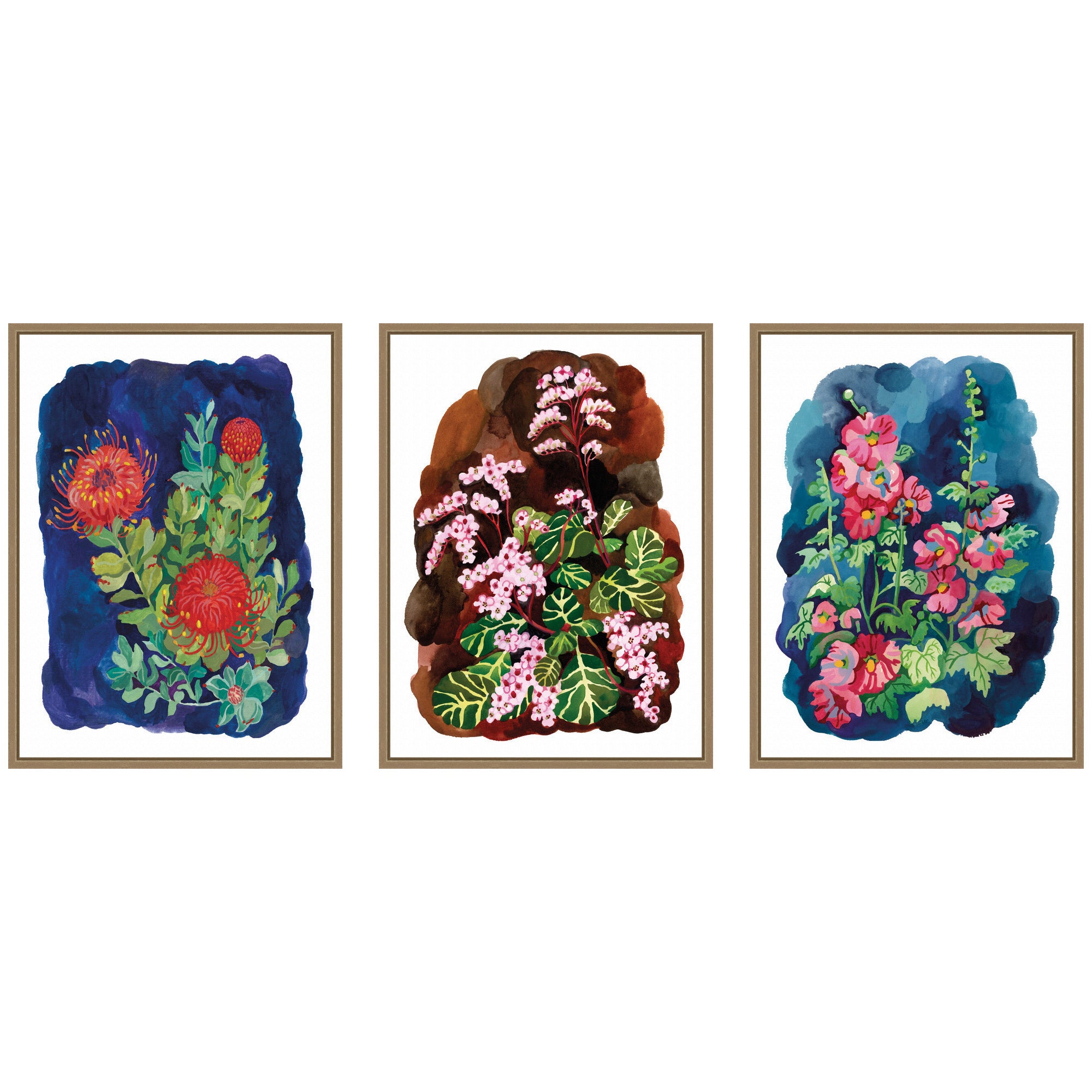 Proteas in Blue & Hollyhock 3 Piece Framed Canvas Wall Art Set by Lucia Gianello