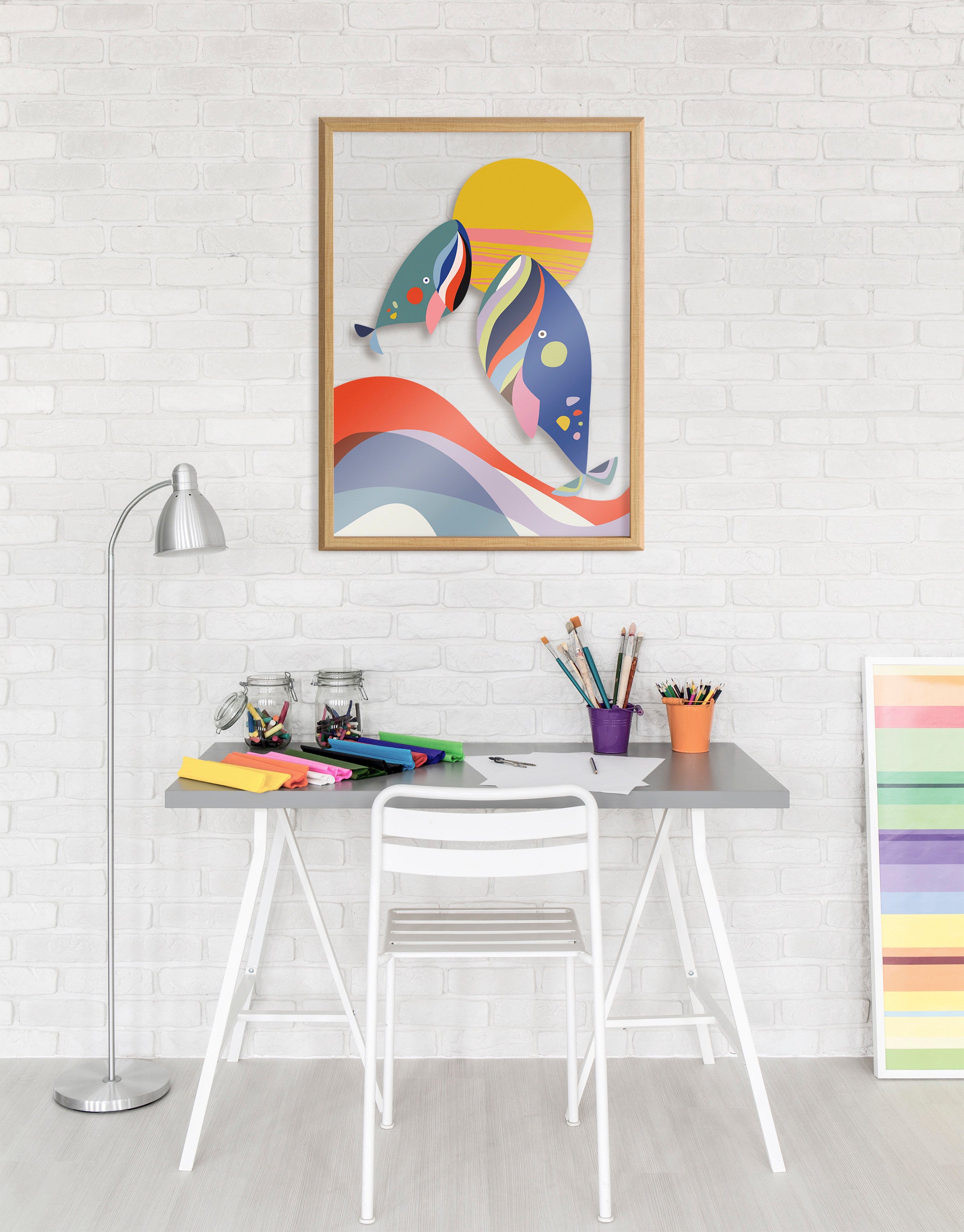 Blake Modern Colorful Whales Framed Printed Glass by Rachel Lee of My Dream Wall