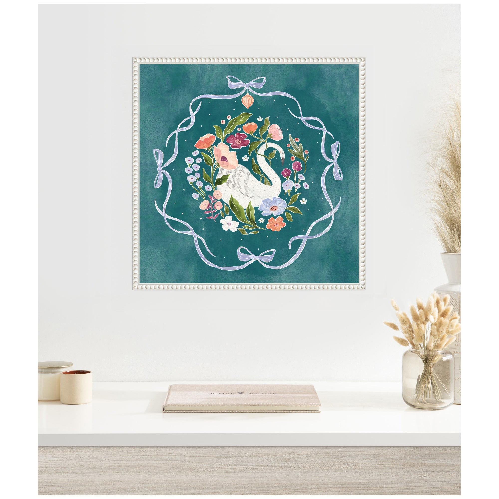 Swan Floral and Bows by Jill Labieniec Framed Canvas Wall Art Print