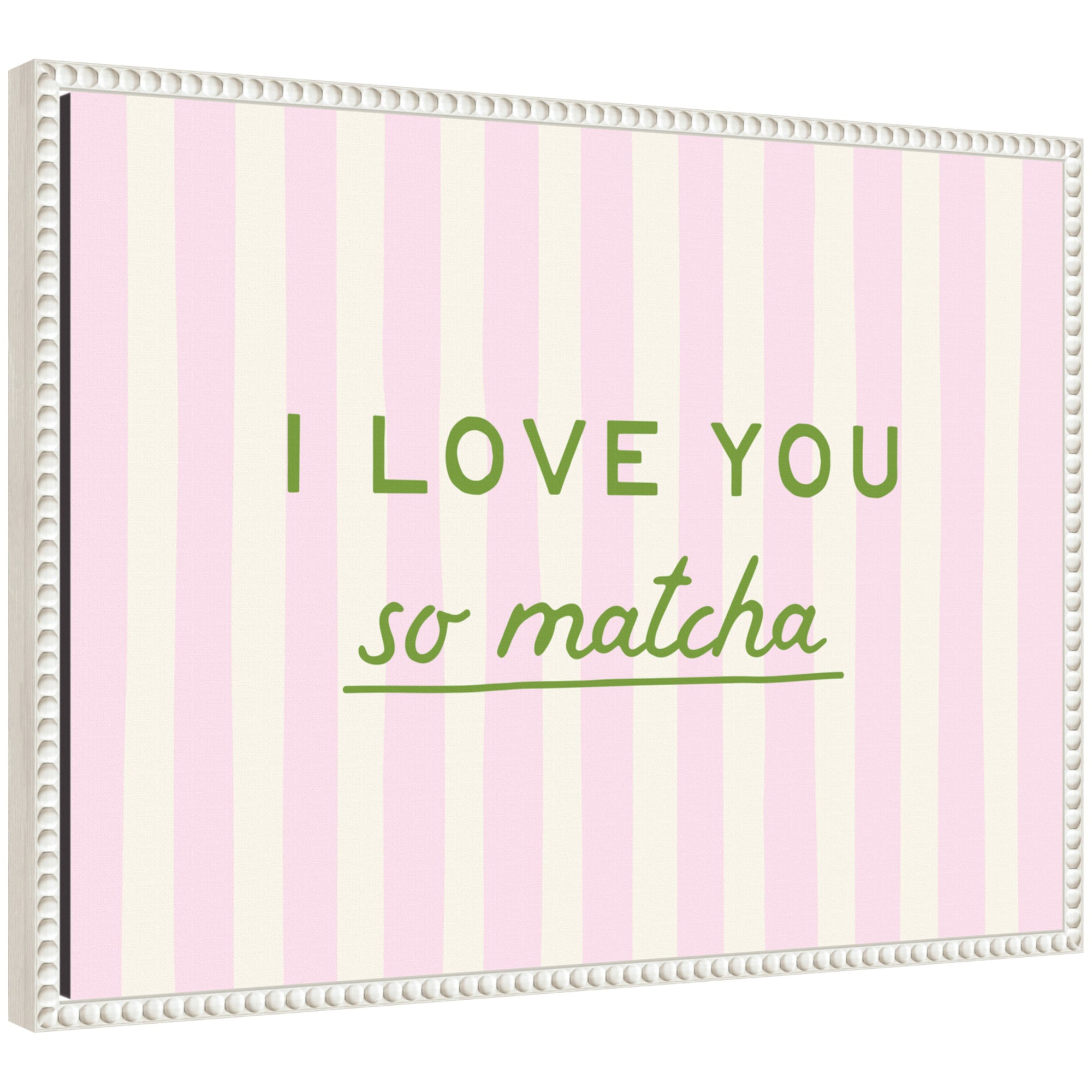 I Love You So Matcha Pink and Green Striped Kitchen Art Dopamine Decor for Home or Apartment by Lucky Guava Framed Canvas Wall Art Print