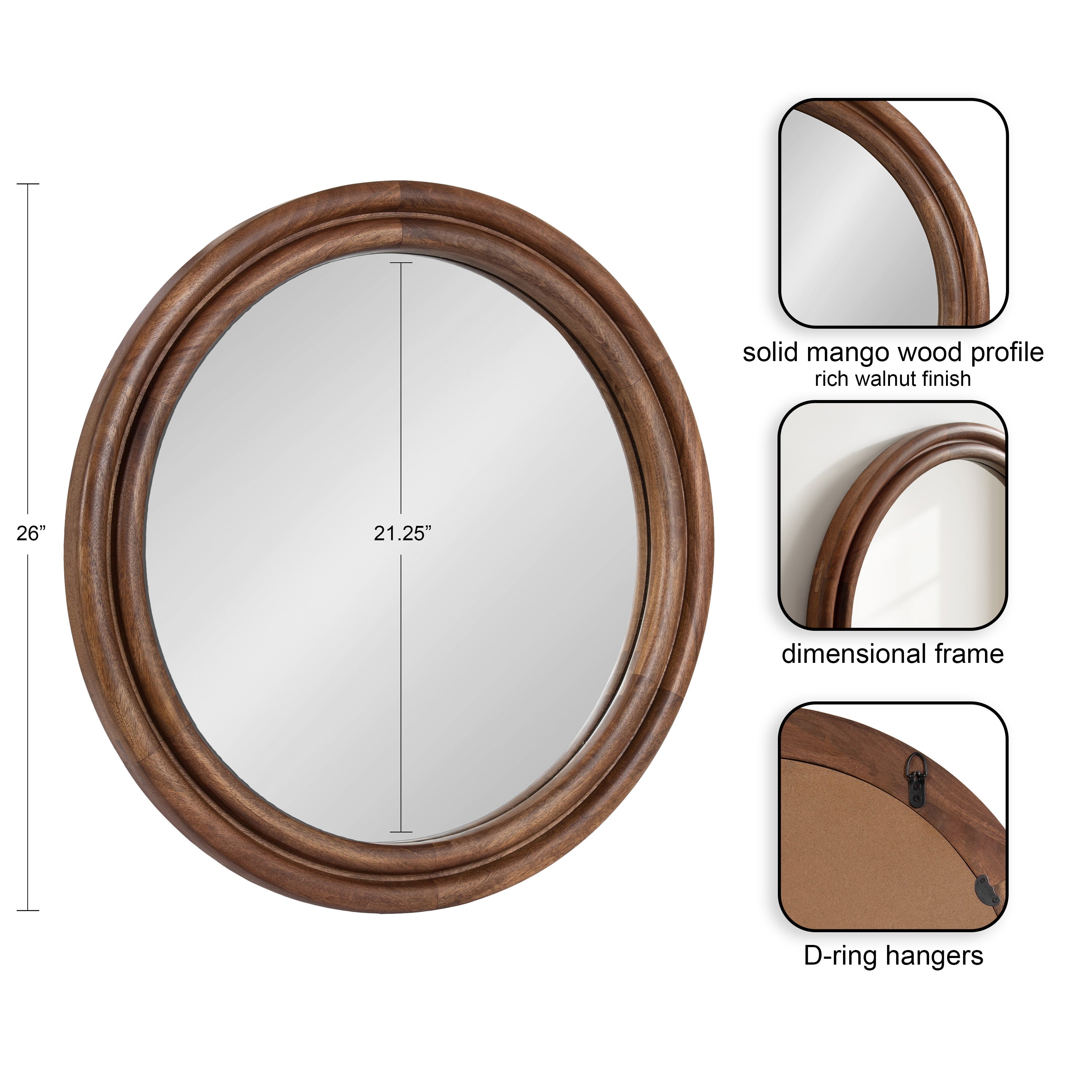 Round Mirror Walnut Brown 26" Diameter 2