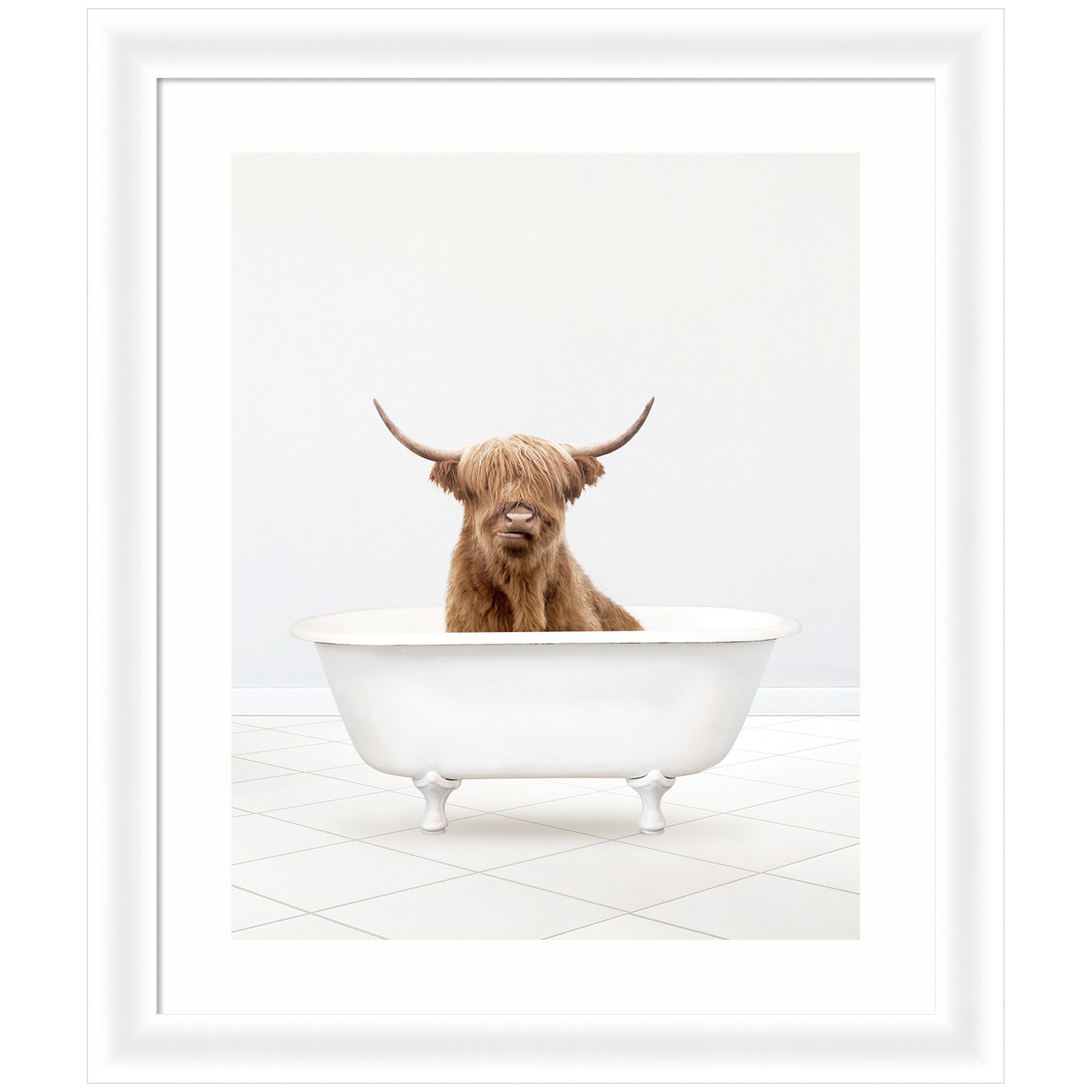 Highland Cow Solo Bathtub by Amy Peterson Framed Wall Art Print