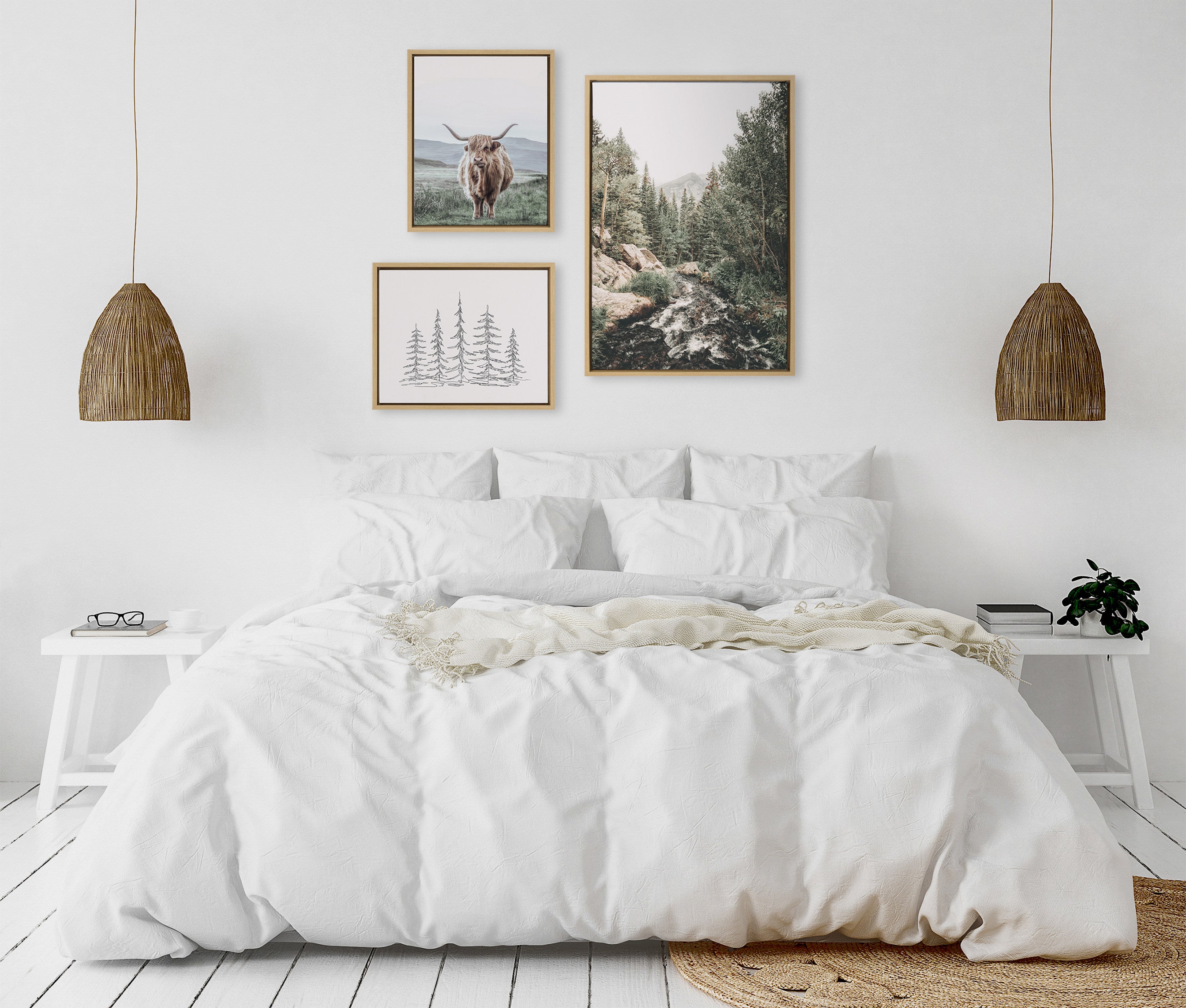 Sylvie Meet Me Here, Highland Cow Muted Mountain Landscape and Minimalist Evergreen Trees Sketch Framed Canvas Set by Various Artists