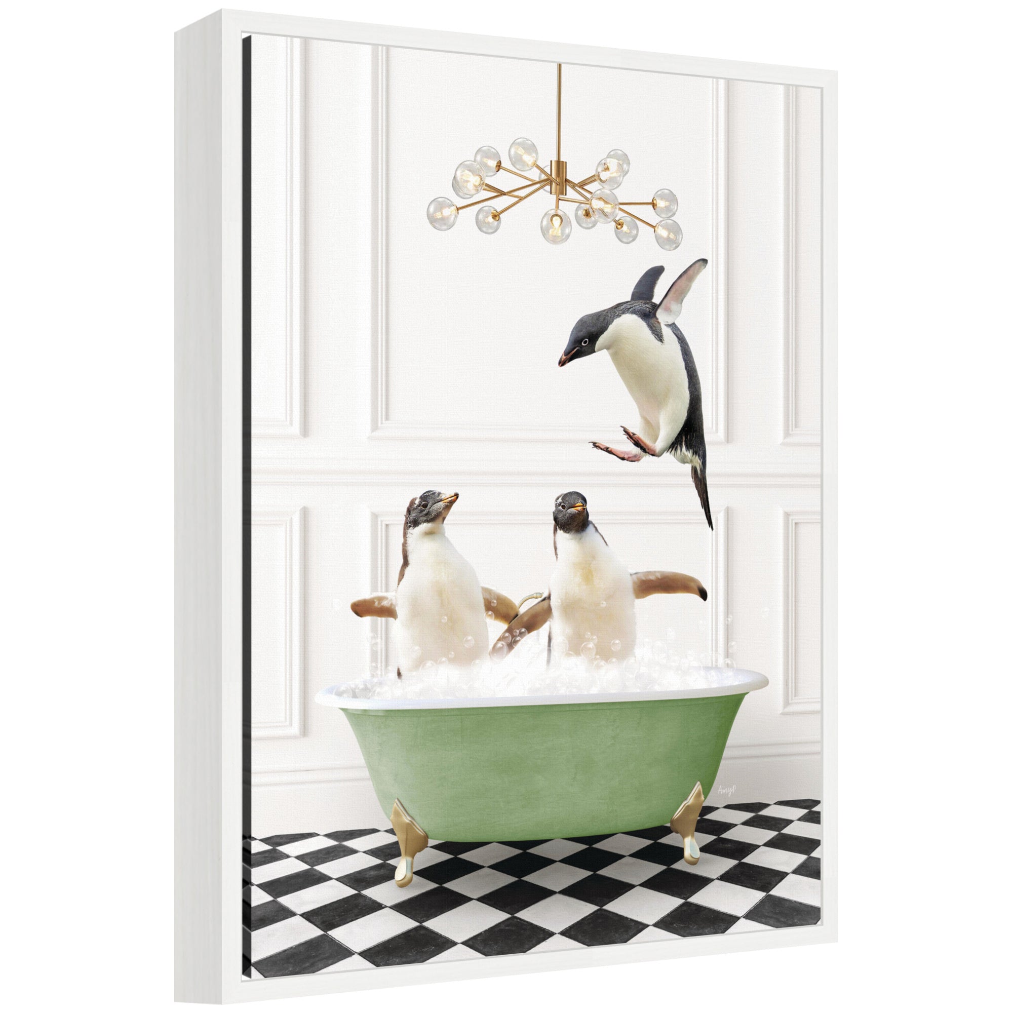 Sylvie Penguins in Green Bathtub Checker Floor Framed Canvas by Amy Peterson