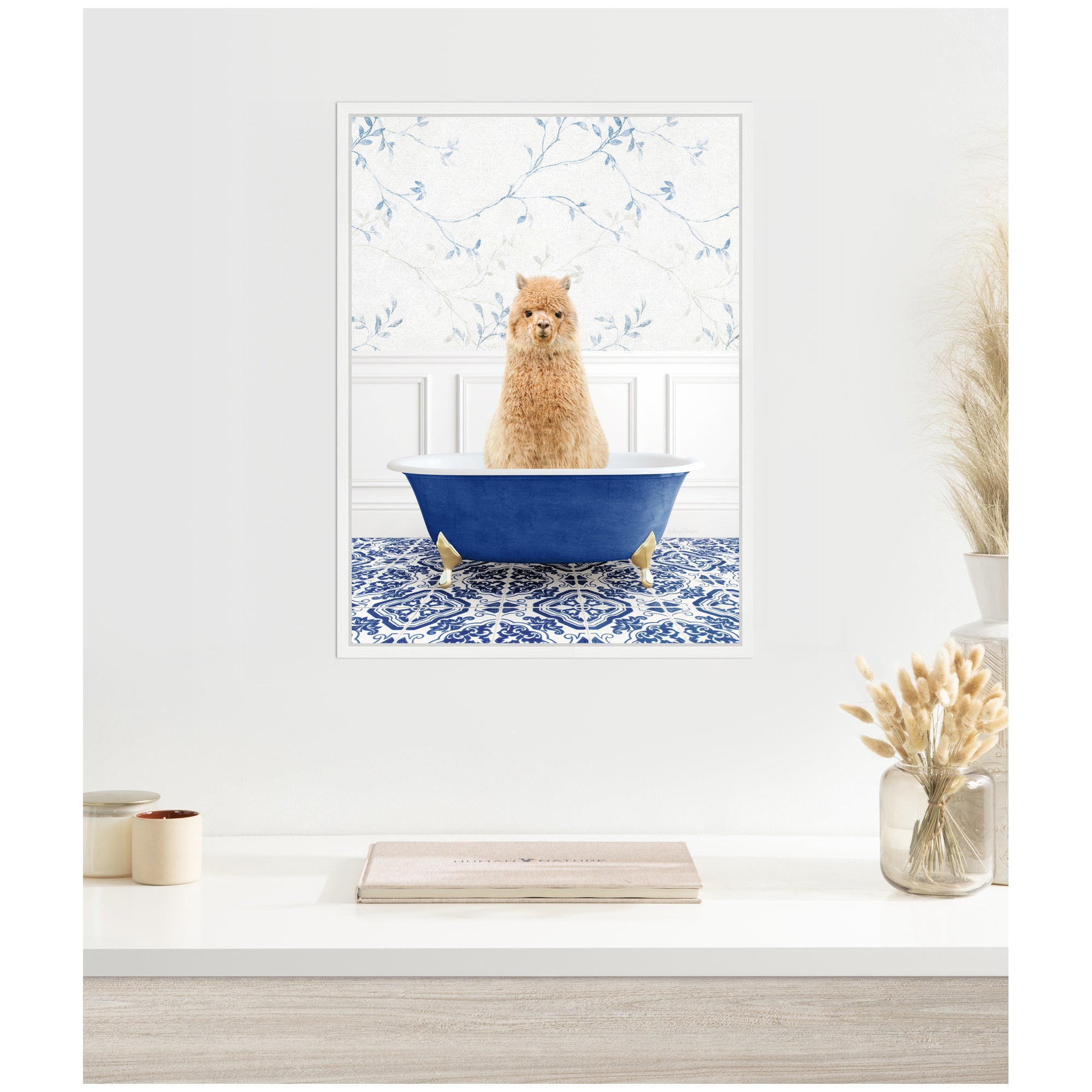 Sylvie Alpaca in Eclectic Blue Bathtub Framed Canvas by Amy Peterson