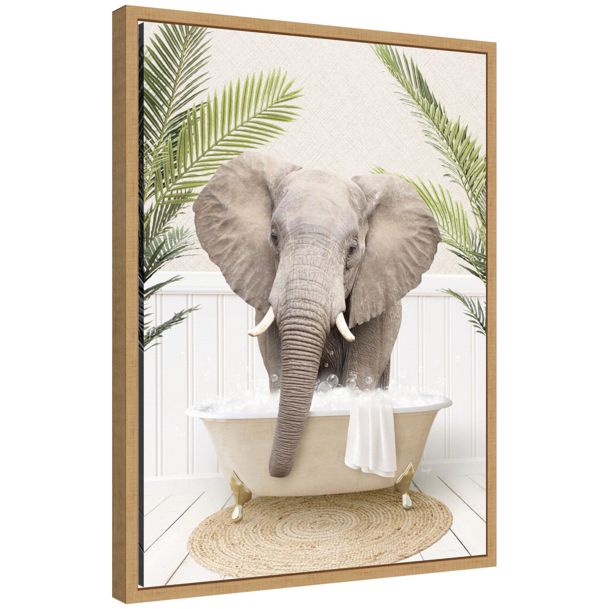 Sylvie Elephant Front Palm Bathtub Framed Canvas by Amy Peterson
