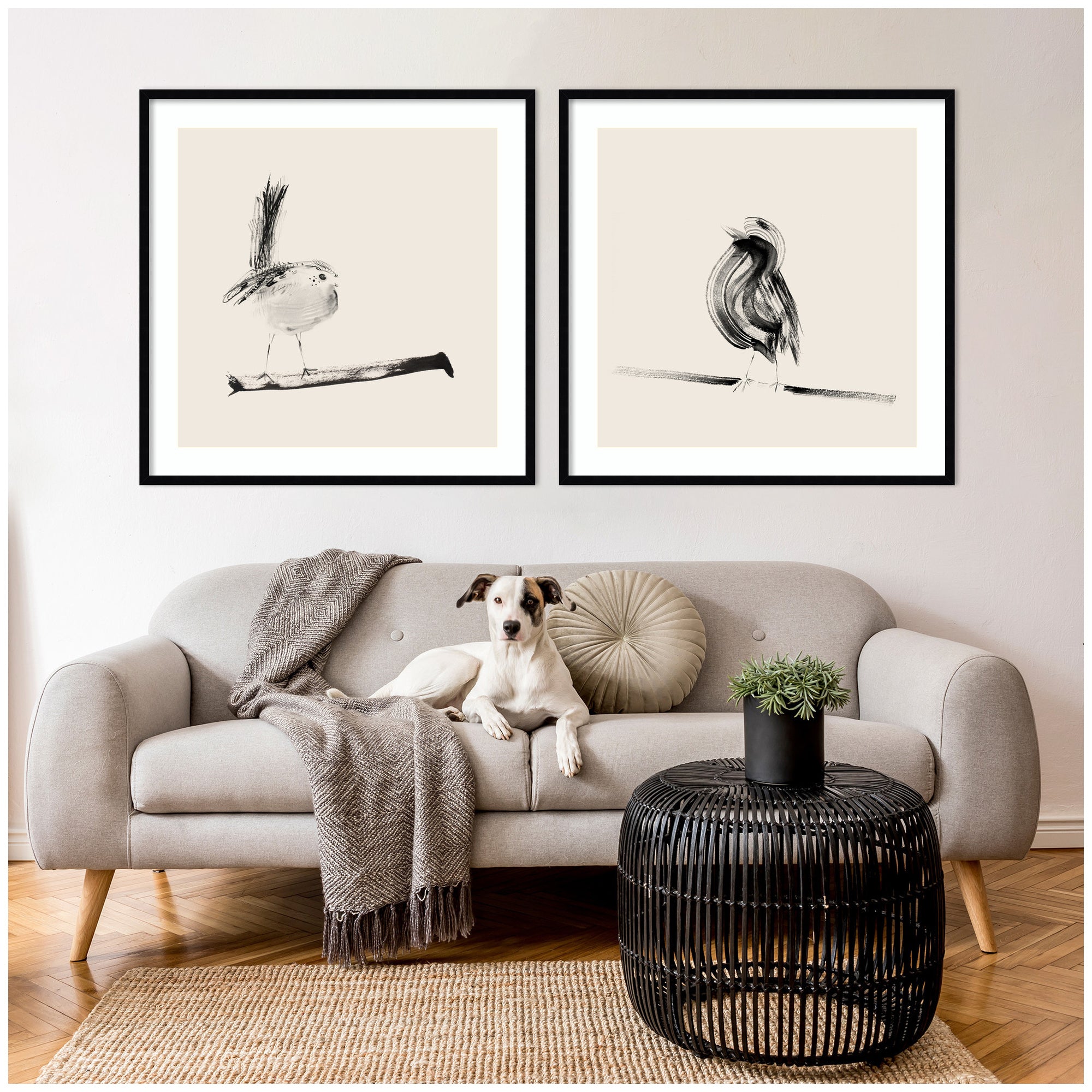 Sketched Bird On Branch 2 Piece Framed Wall Art Print Set by Danushka Abeygoda