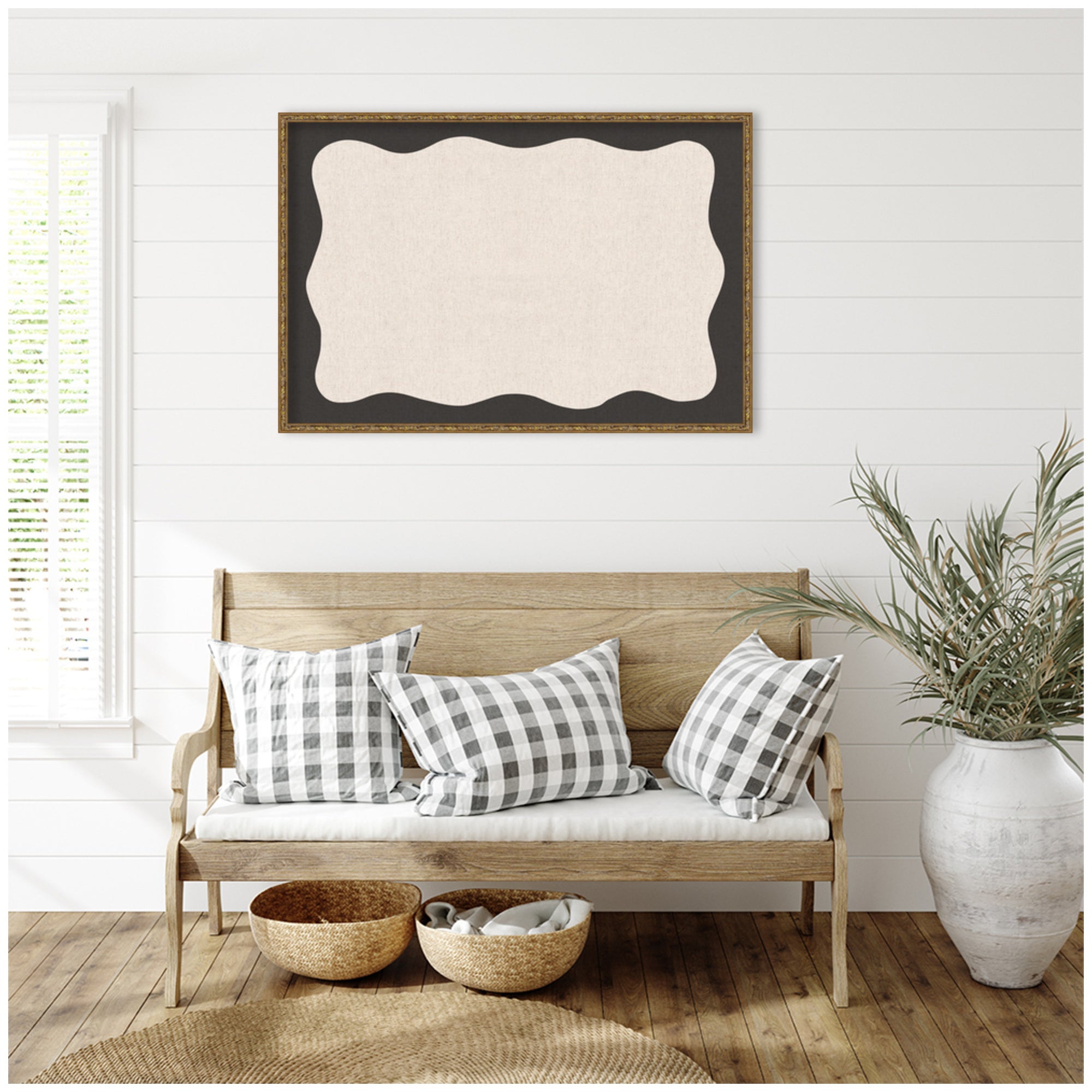 Framed Fabric Pinboard Wavy Linen Light and Black Wall Organization